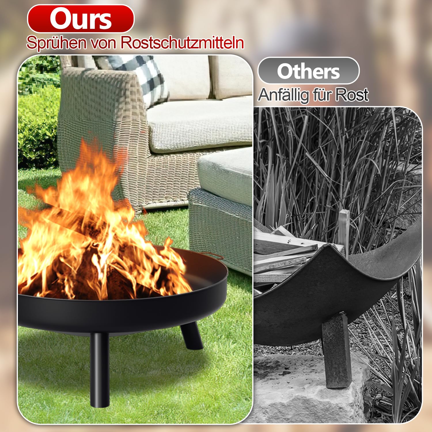 Fiqops Braciere Φ82,5 cm, braciere in ferro, ciotola in metallo con manici e gambe rimovibili, di alta qualità per giardino, feste estive, fuoco accogliente, acciaio