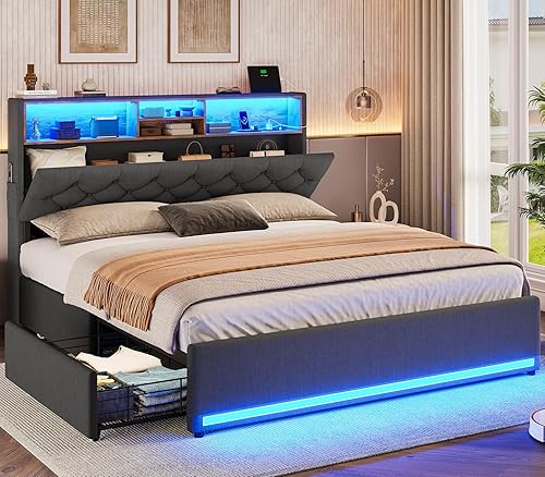 Miniatura 9 de BTHFST Base de cama Queen con 4 cajones y cabecera de almacenamiento oculta, marco de cama LED tamaño Queen con estación de carga, cama tapizada con