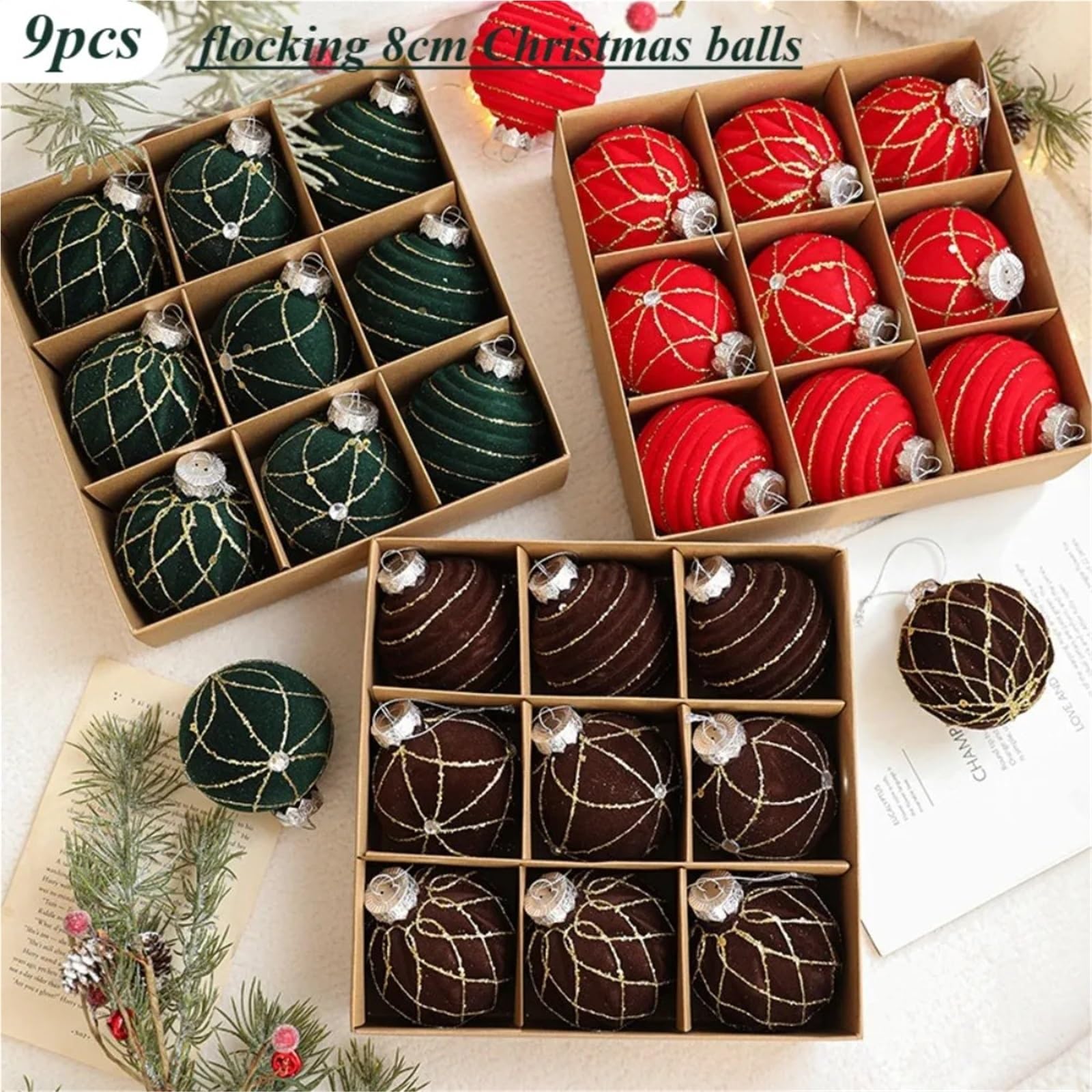 Bolas de Navidad Decoracion Juego de 9 Bolas navideñas flocadas de 8 cm for Colgar en el árbol, decoración de escenas DIY(8CM Green)