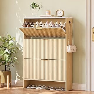 IRONCK Shoe Storage Cabinet with 3 Flip Drawers, Fluted Shoe Cabinet Storage for Entryway, Free Standing Wooden Shoe Organizer Cabinet for Hallway, Natural Oak