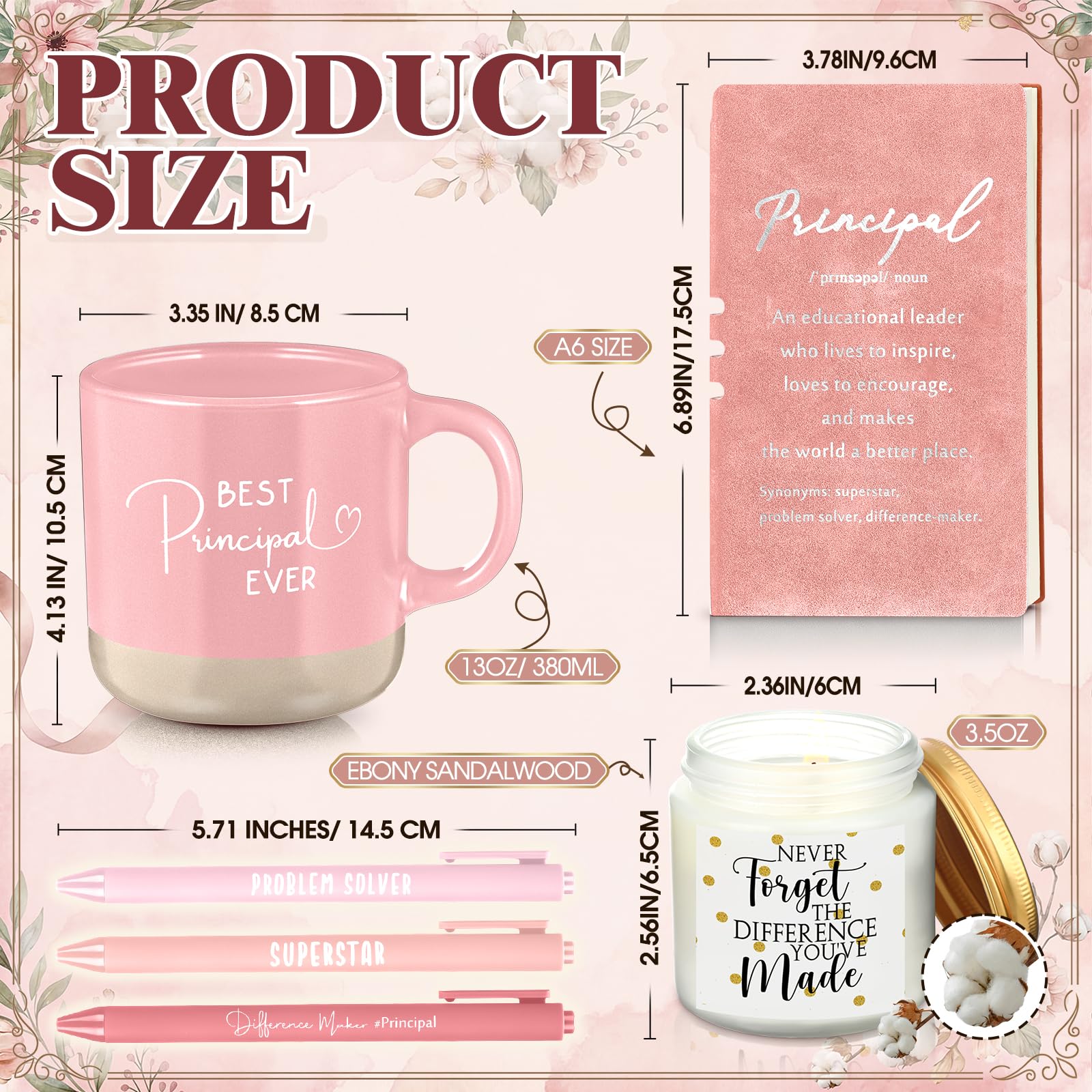 Didaey Principal Appreciation Gifts for Women Thank You School Principal 13oz Ceramic Cup Journal with Inspirational Candle Ballpoint Pens Appreciation Day Graduation, Pink