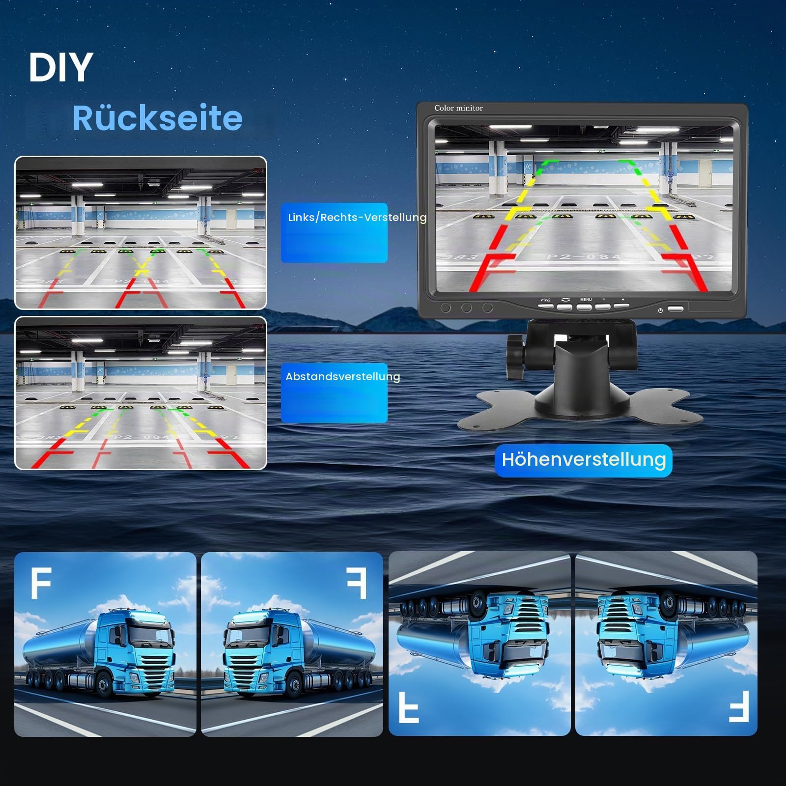 Rückfahrkamera mit 7 Zoll HD Monitor, Rückfahrkamera Auto unterstützt IP69 Wasserdicht IR Nachtsicht, Rückfahrkamera für LKW, Anhänger, Wohnwagen und Wohnmobil, 15M Kabel