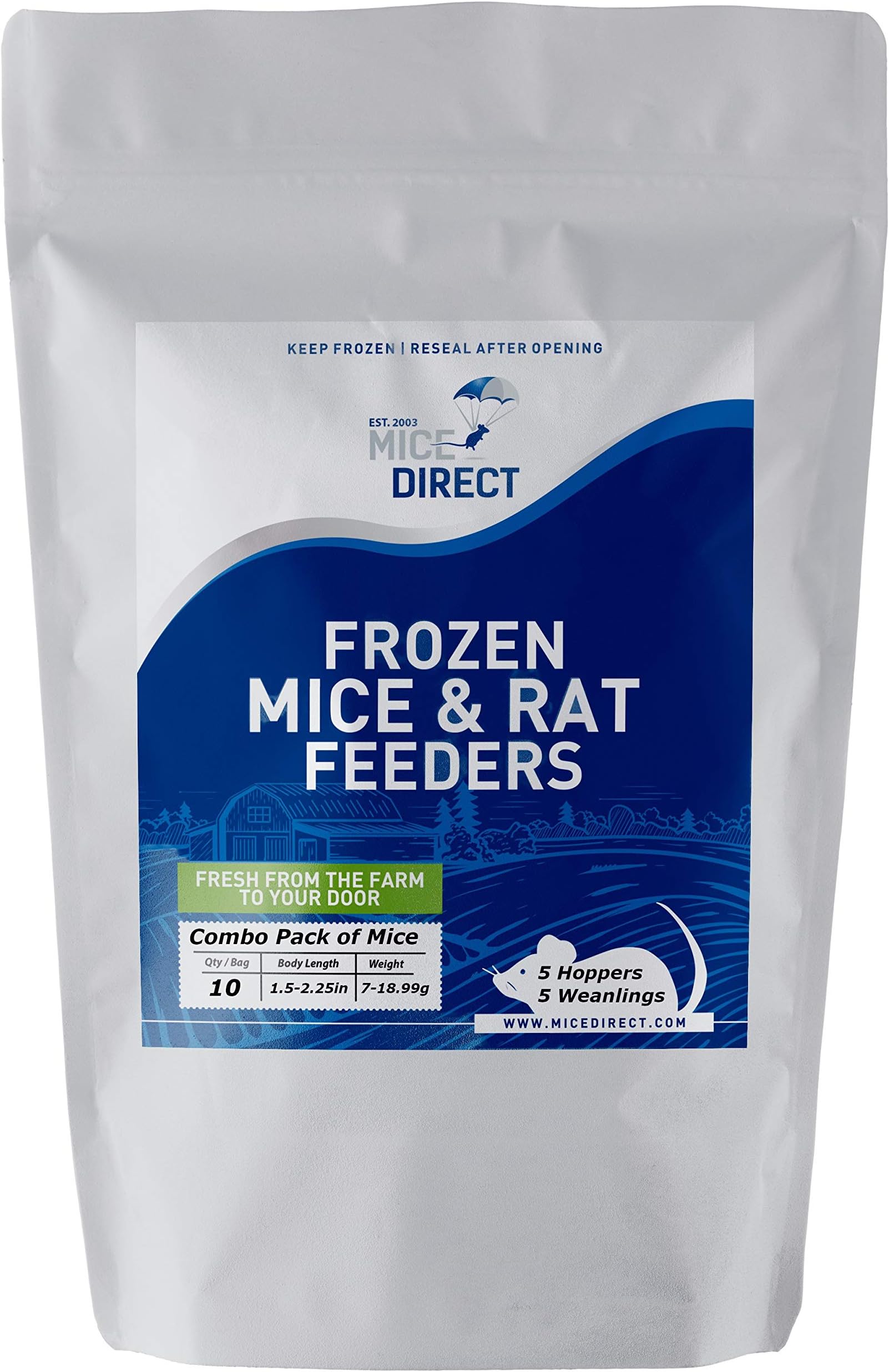 MiceDirect Frozen Mice Combo Pack of 5 Hopper & 5 Weanling Feeder Mice Food for Corn Snakes Ball Pythons (10 Count)