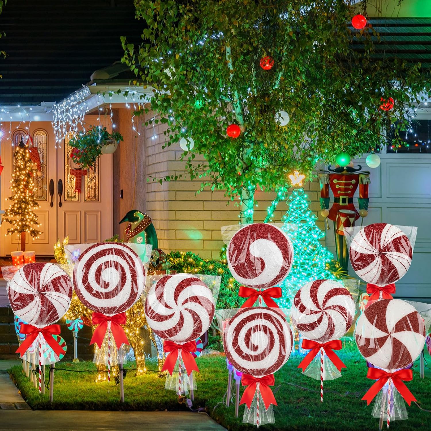 8 Pcs Lollipop Christmas Yard Decorations 3D Lollipop Candy Signs with Stakes Christmas Porch Decor Winter Holiday Outdoor Indoor Peppermint Candy Decor for Pathway Lawn Patio Driveway