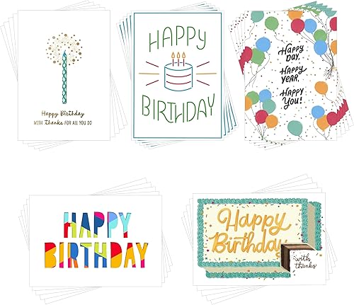 Hallmark Business Bulk - Paquete de 25 tarjetas de cumpleaños surtidas para empleados (pastel, velas y color), tarjetas de 5 x 7, mensaje en el