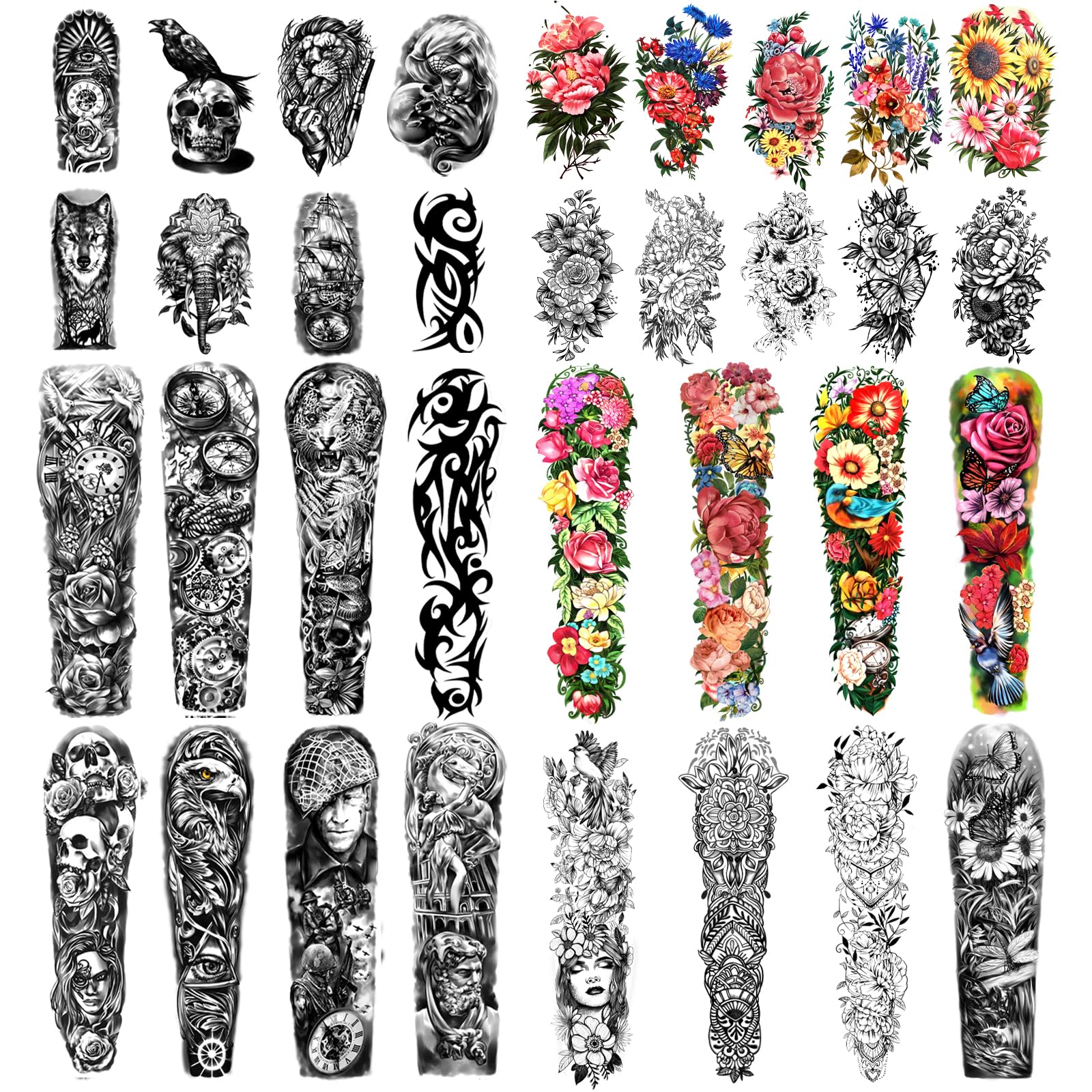 Full Arm Temporary Tattoos 8 Sheets and Half Arm Shoulder Waterproof Tattoos 8 Sheets, Extra Large Tattoo Stickers for Men and Women