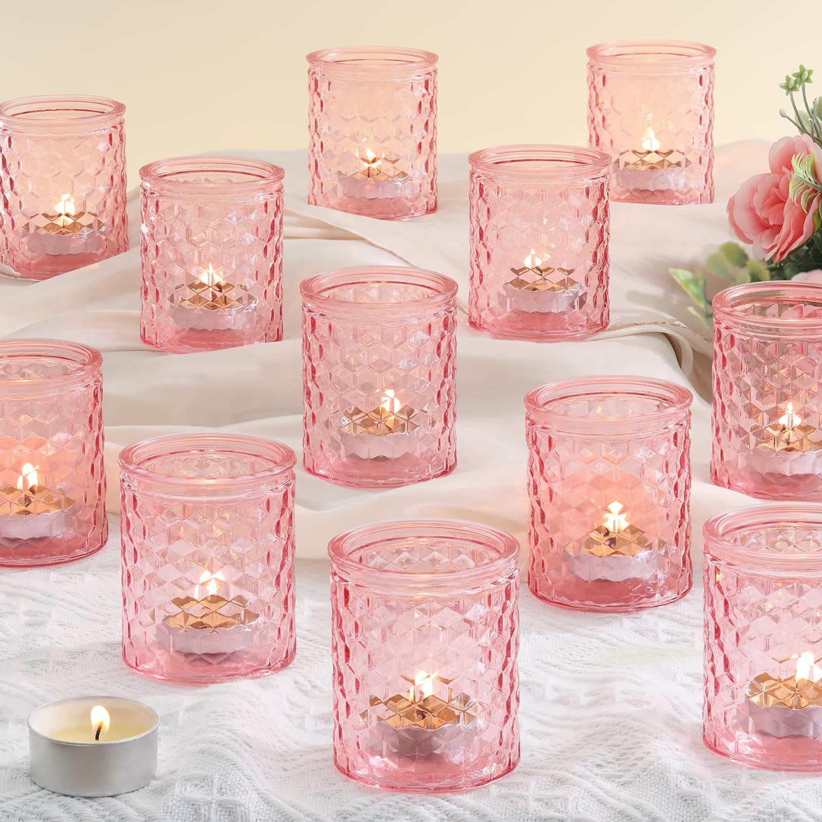 LETINE 12 PCS Tea Light Candle Holders, Pink Tealight Holders Votive Candle Holder, Glass Tea Light Holders for Wedding Decor Table Decorations Centrepiece Ramadan Decorations