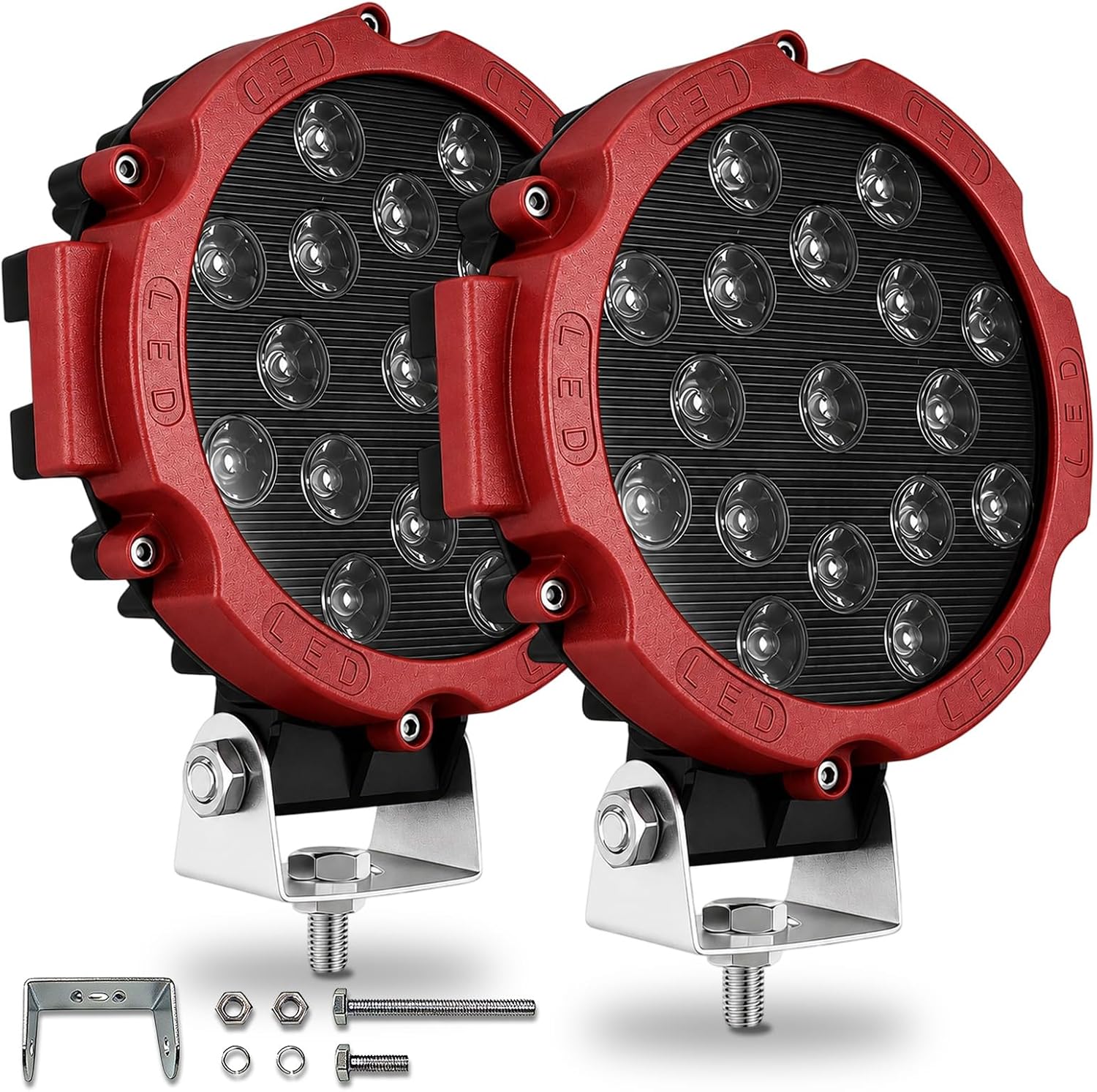2Pcs 7 Inch Round Led Off Road Lights, 51W 5000LM 6000K White LED Work Light Pods, Waterproof 12v 24v Offroad Fog Driving Light for Tractor Truck ATV SUV UTV Boat Red