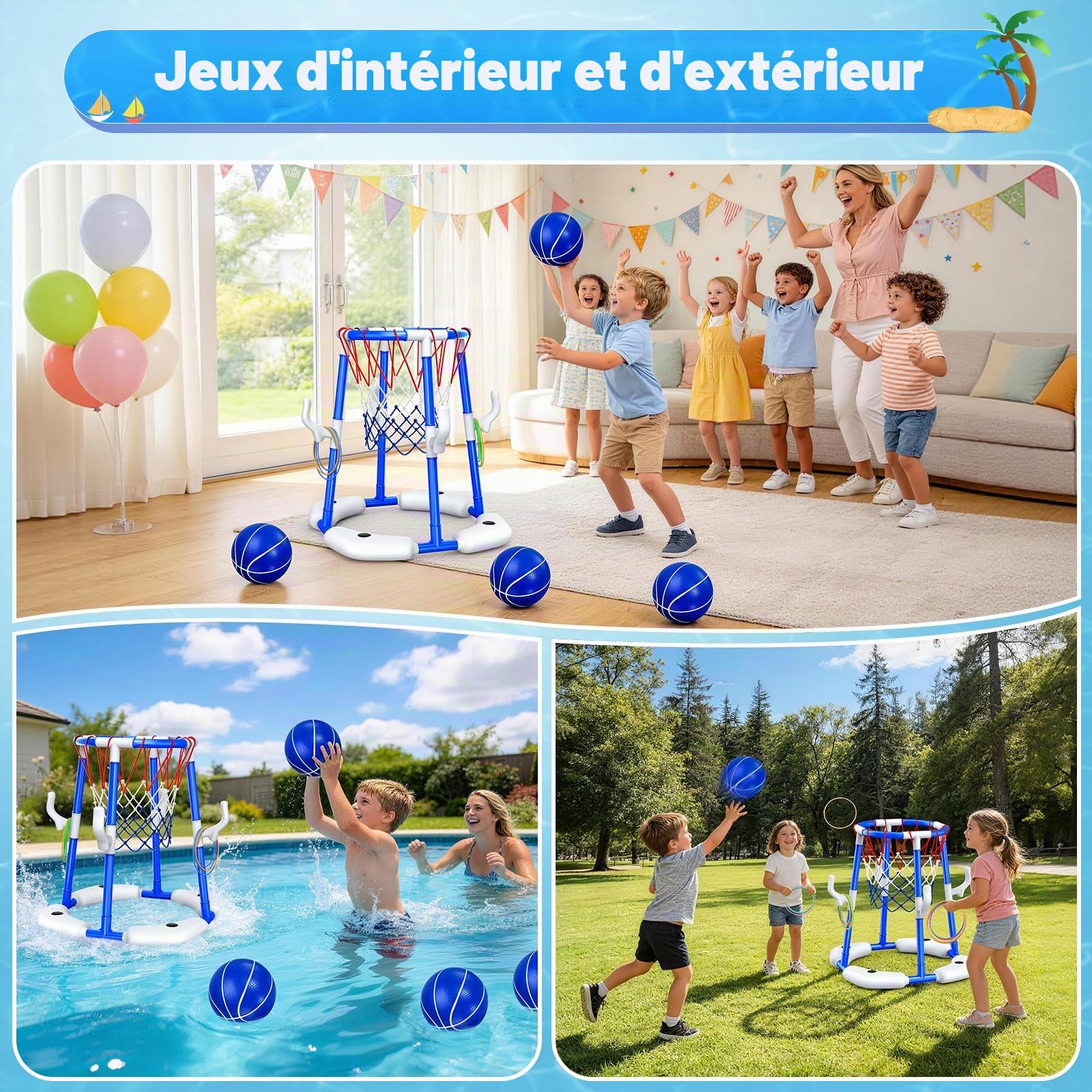 HaoVrisn Panier Basket Piscine 2 en 1, Jeux Piscine pour Enfants, 4 Ballons Flottants + 12 Anneaux + Pompe, Jouet Piscine d'Été pour Famille, Jeu d'Eau Extérieur/Intérieur pour Fête de Piscine