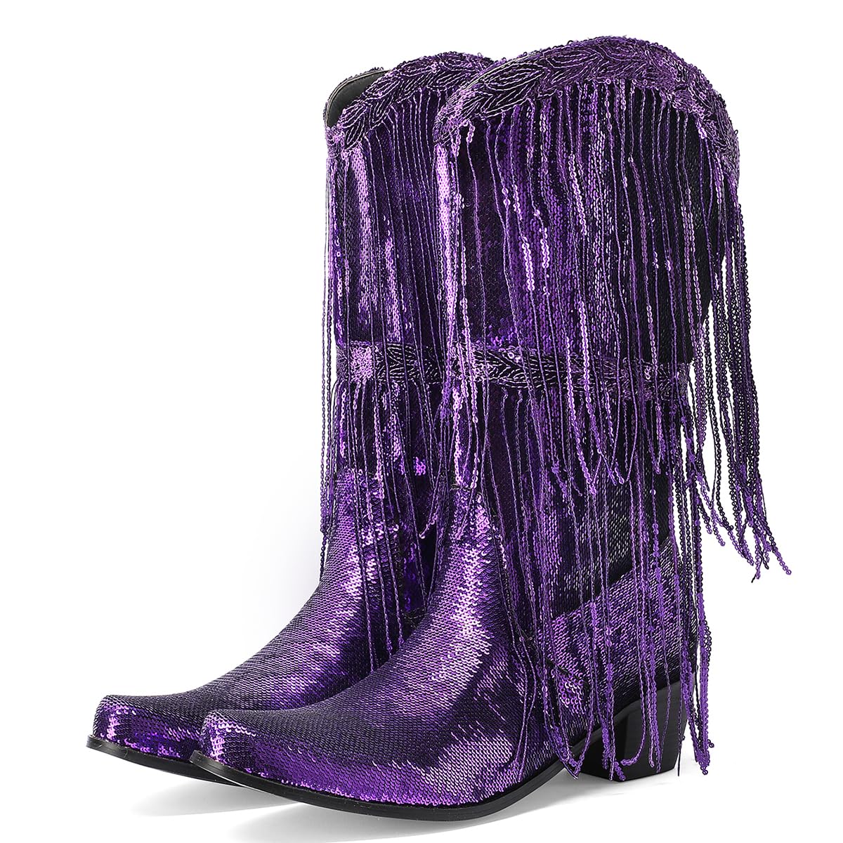 Glittery Fringe Cowboy Boots Sparkly Tassel Cowgirl Boots Clubwear Bling Mid Calf Western Boots