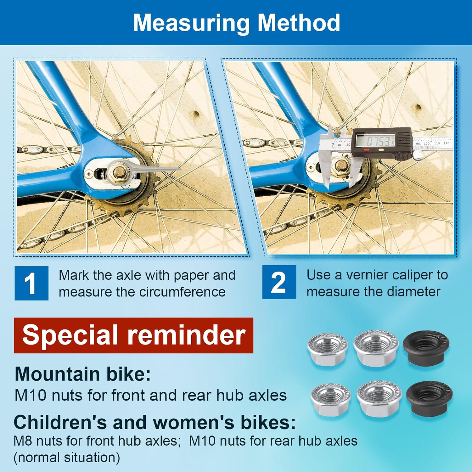 6pcs Bike Wheel Axle Nut, M8 M9.5 M10 Bicycle Hub Flanged Axle Nut Bicycle Axle Nut Bike Parts for Mountain Road Commute Bike Front & Rear Wheel Axle (3 Sizes)