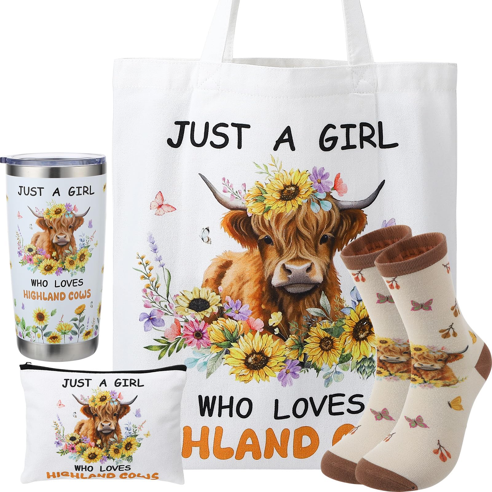 saerryor Highland Cow Gifts Set Includes Animal Themed Insulated Tumbler, Tote Bag,Makeup Bag,Socks,Cow Lover Gifts for Women Girls,Present for Mum,Auntie, Wife, Friends, Sister, Colleagues
