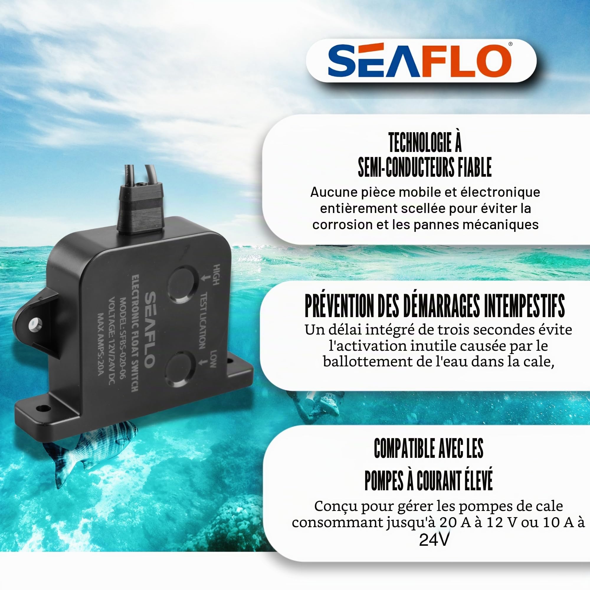 SEAFLO Interrupteur de pompe de cale électrique à semi-conducteurs 20 A, 12/24 V – Capteur de niveau d'eau intelligent, sans pièces mobiles, garantie 4 ans