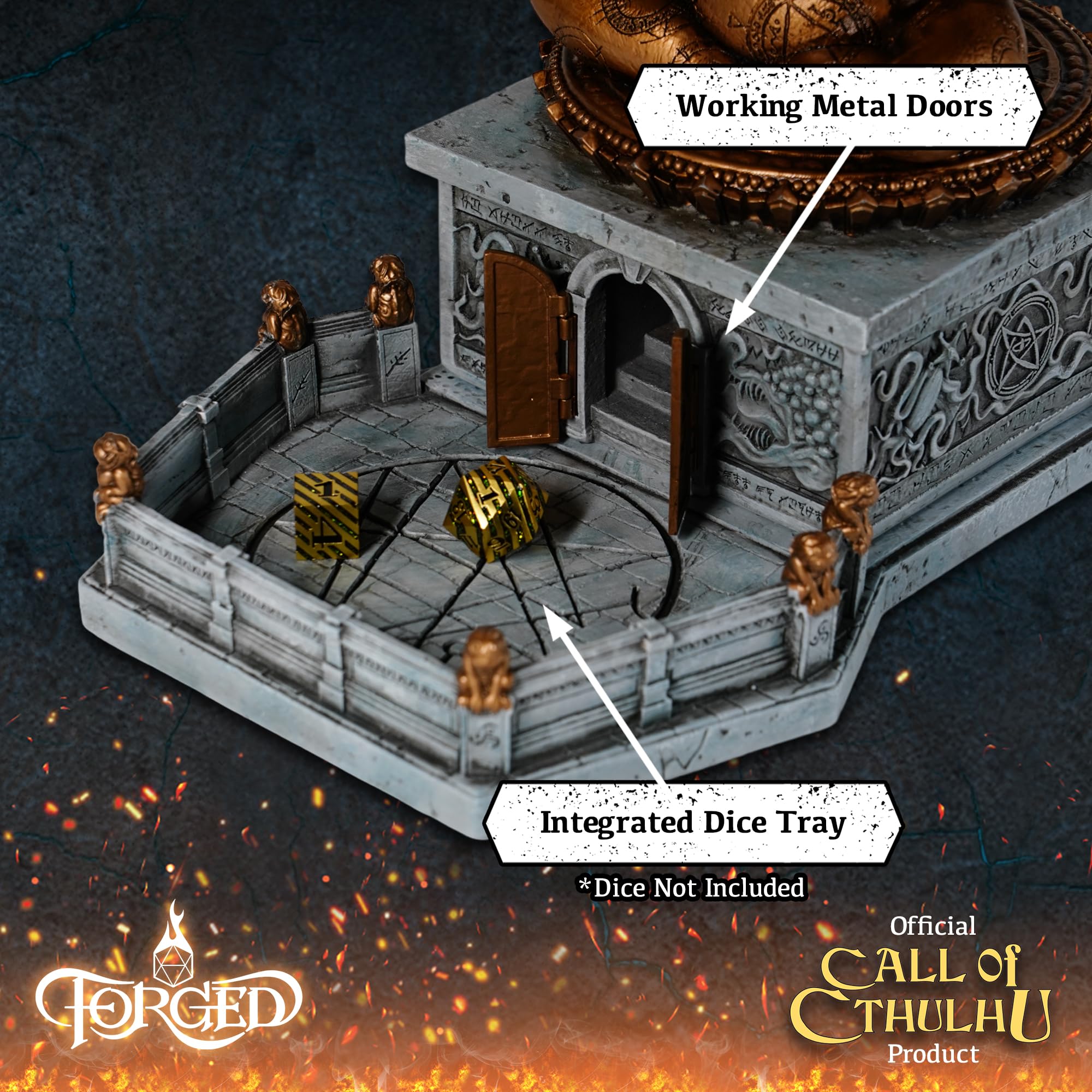 Forged Dice Co. Call of Cthulhu Idol - Torre per dadi in resina dipinta a mano e vassoio per rollare i dadi con luci a LED, compatibile con accessori DND e dadi poliedrici, con licenza Chaosium Inc.