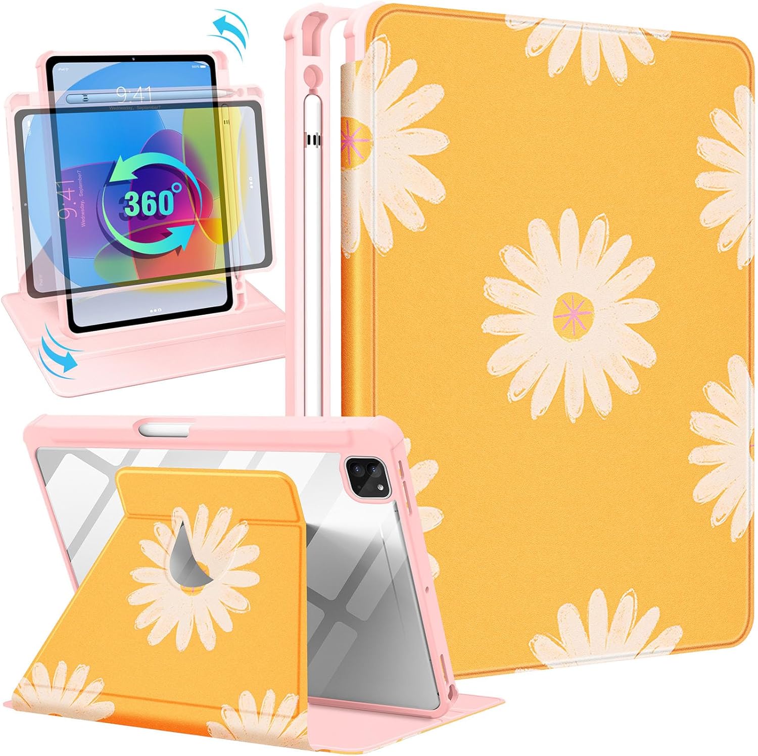 for iPad Air 13 Inch Case M3 2025/M2 2024, for iPad Pro 12.9 Cases (2022/2021/2020/2018) - for Women Girls Cute Folio Cover with Pencil Holder Flowers Girly Pretty Floral Design Rotating Stand