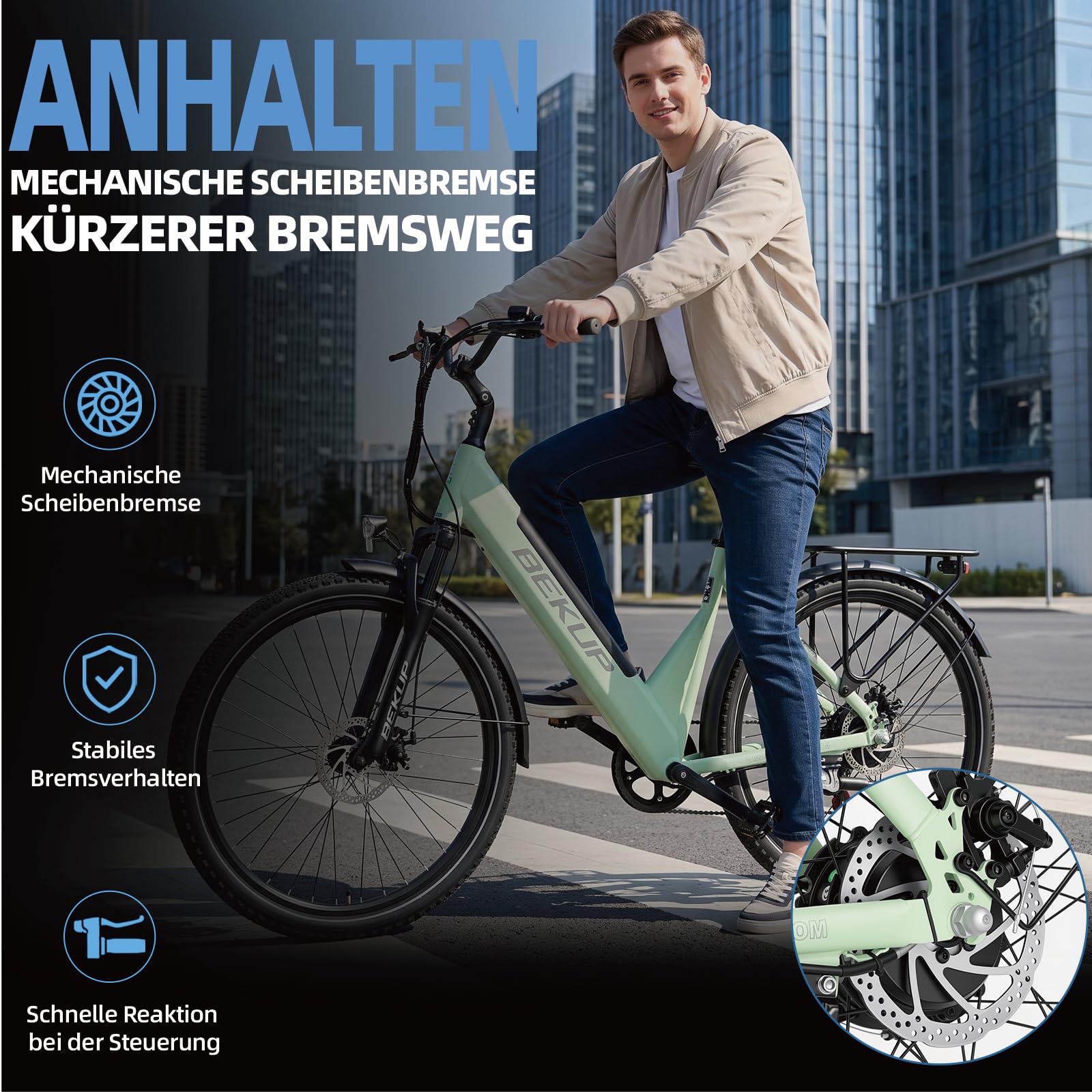 V28 Vélo électrique 28" pour homme et femme, moteur arrière 250 W, 45 Nm, batterie 36 V 14,5 Ah, portée jusqu'à 75 km, Shimano 7 vitesses, fourche à suspension, freins à disque, vélo de ville