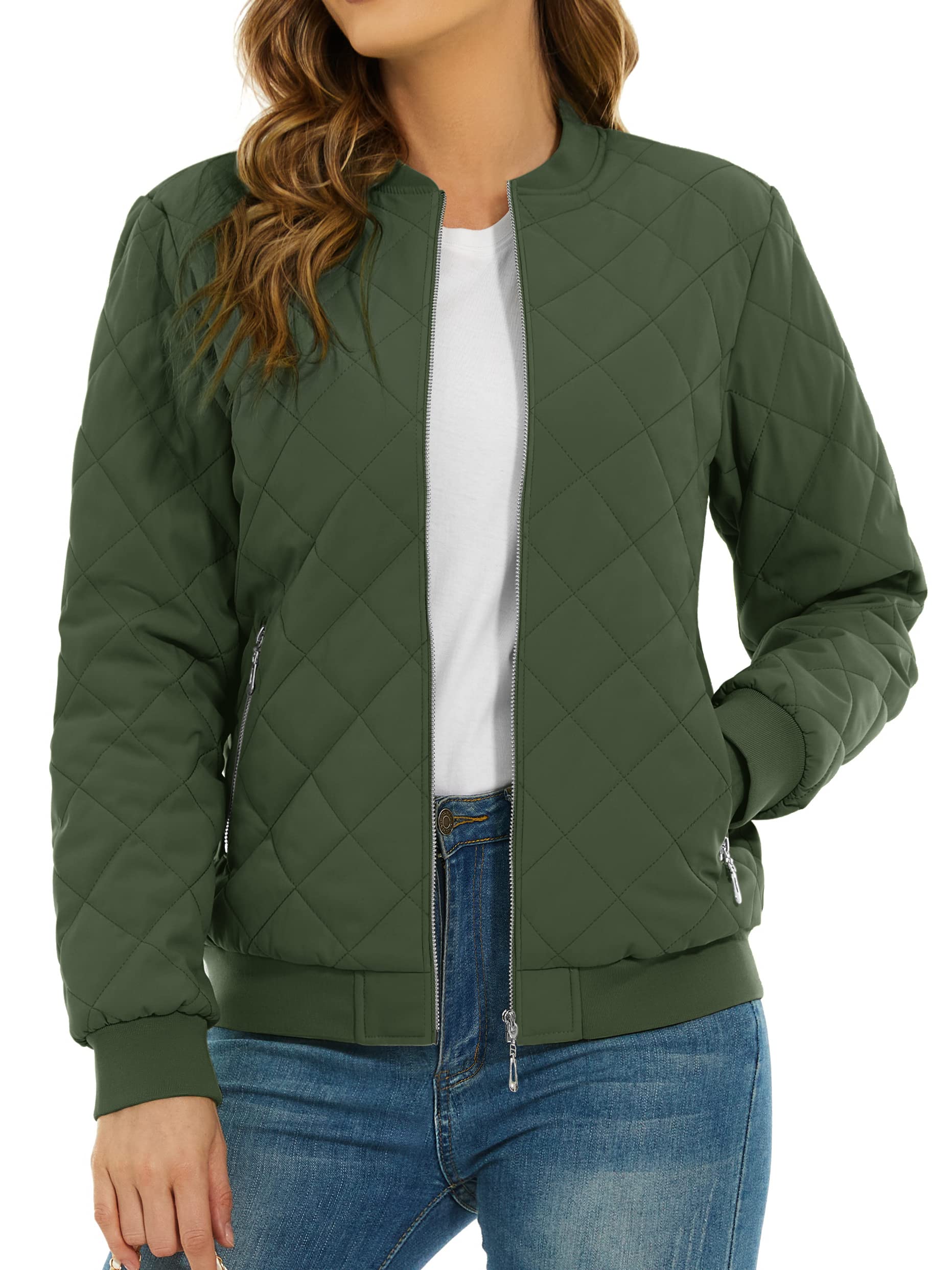 TACVASENWomen's Diamond Quilted Jackets Full Zip Winter Bomber Jacket Padded Coats Casual Warm Jacket with Pockets