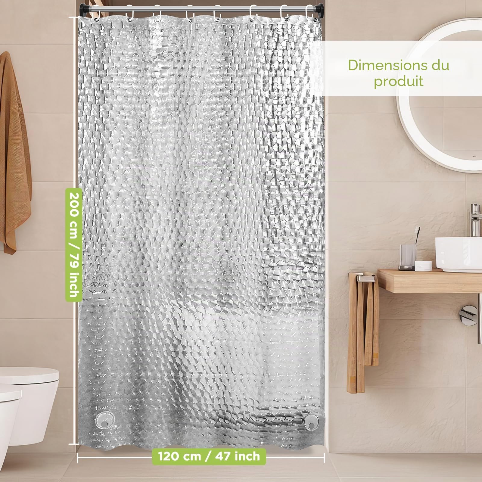 Rideau de Douche 120 x 200cm, 3D Semi Transparent EVA Anti Moisissure Imperméable avec 8 Anneaux