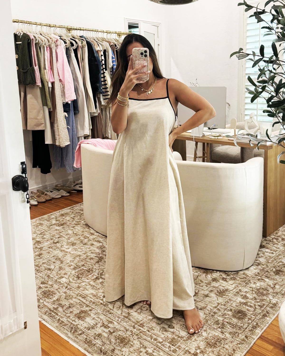 Senllen Women's Linen Dress Summer Loose Flowy Sundress Contrast Spaghetti Strap Sleeveless Backless Beach Maxi Long Dresses - Image 6