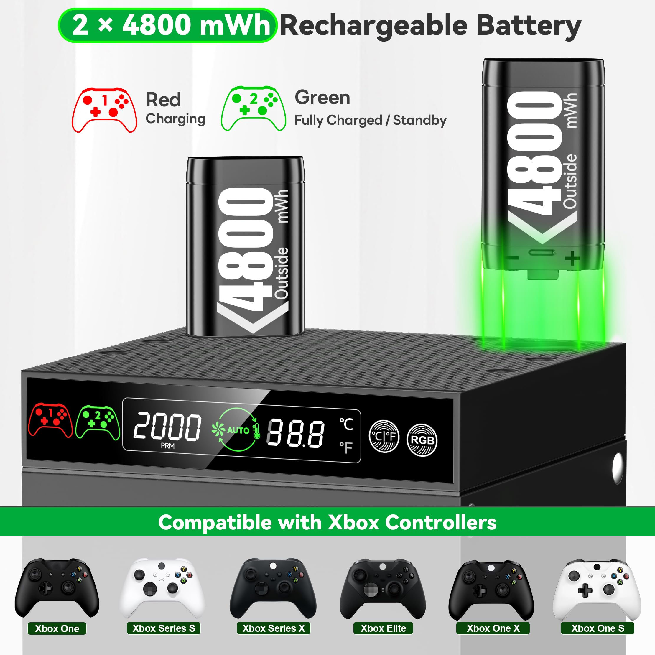 Ventilateur de Refroidissement Automatique X-box pour les Séries X box X & S avec 9 Modes d’éclairage, Chargeur de Batterie X-box avec 2×4800 mWh Batteries Rechargeables, Accessoire X-box Series X