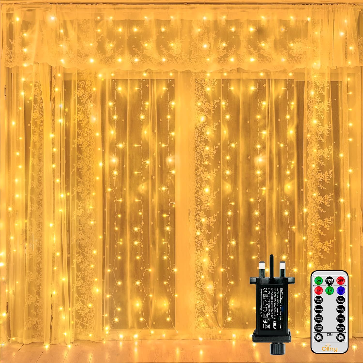 Ollny Curtain Fairy Lights, 300LED 3mx3m Waterfall Hanging String Lights Mains Powered, Waterproof Window Light with Plug/8 Modes/Remote/Timer for Bedroom/Wall/Outdoor/Wedding/Garden/Party,Warm White
