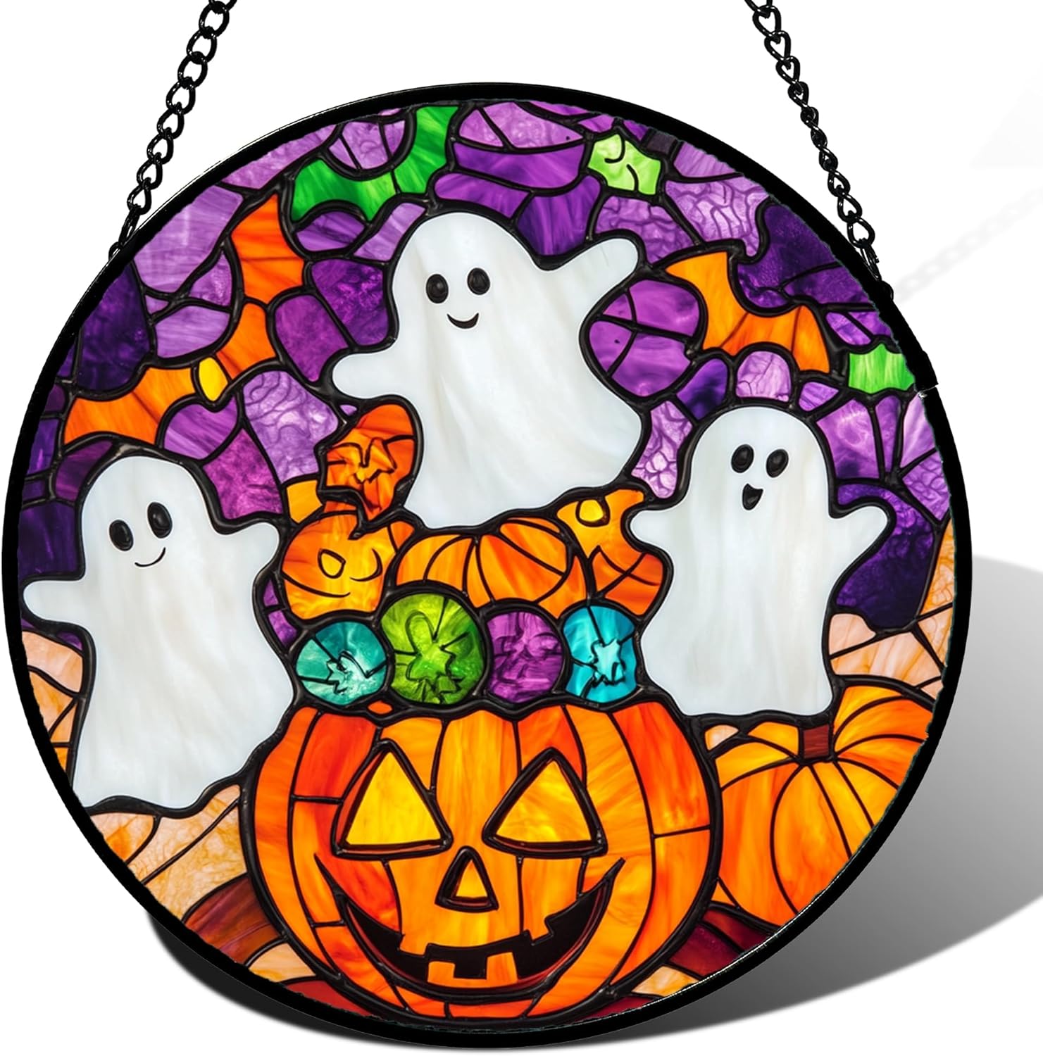Stained Glass Window Hanging, Halloween Decorations Evil Pumpkin Suncatcher for Doors Garden Indoor Spooky Funny Orange Sun Catchers Gothic Decor Horror Gifts for Women Men Friend 11.8 in