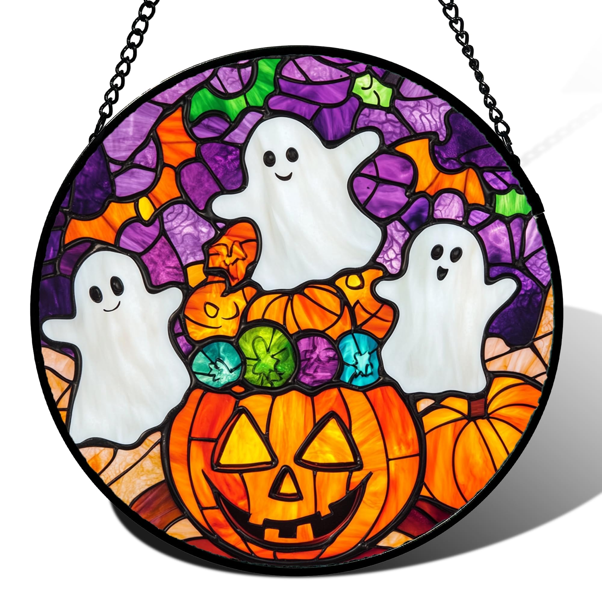 Stained Acrylic Puzzle Suncatcher,7.48in Horror‑Pumpkin‑White‑Ghost Halloween Gothic Sunroom Decor Gift