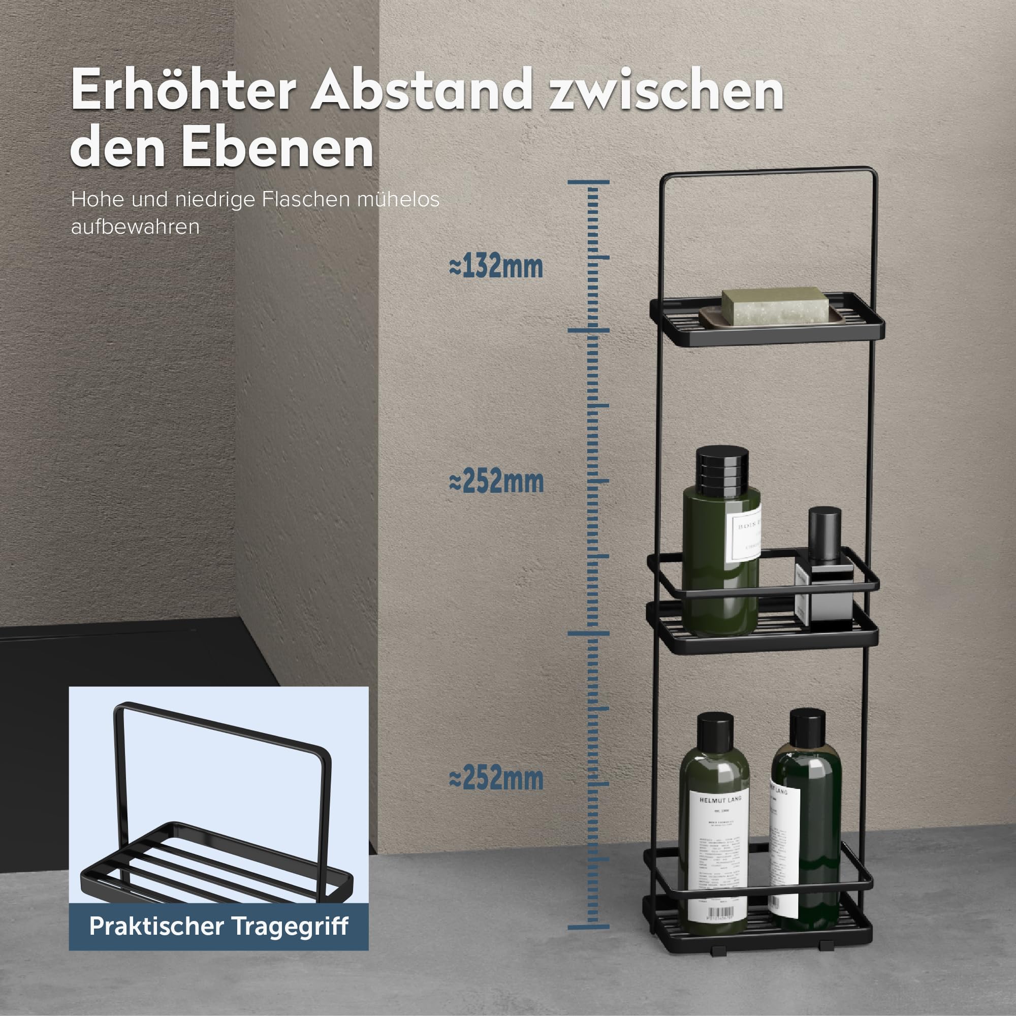 doporro Duschregal stehend, Badregal schmal aus Metall, 3 Ebenen Badezimmerregal freistehend, Duschablage ohne Bohren für Bad, Dusche und WC, Schwarz, Reglo-02