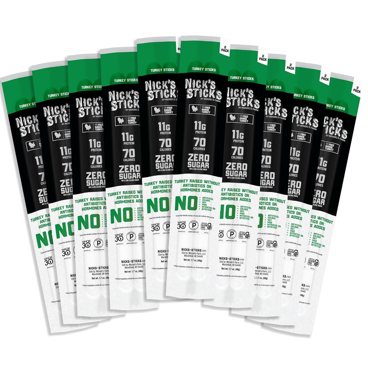 Nick's Sticks Clean & Balanced Spicy Free Range Turkey Snack Sticks | Made in the USA | Gluten Free | Paleo | Keto | Whole30 Approved |No Soy, Antibiotics or Hormones (10-1.7 oz. Packages of 2 Sticks)