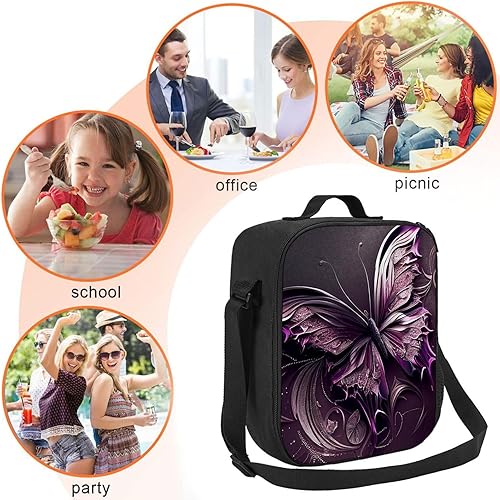 Miniatura 6 de Cioroper Elegante bolsa de almuerzo aislada con mariposa morada para mujeres, lonchera portátil para hombre, bolsa de mano para trabajo, picnic,