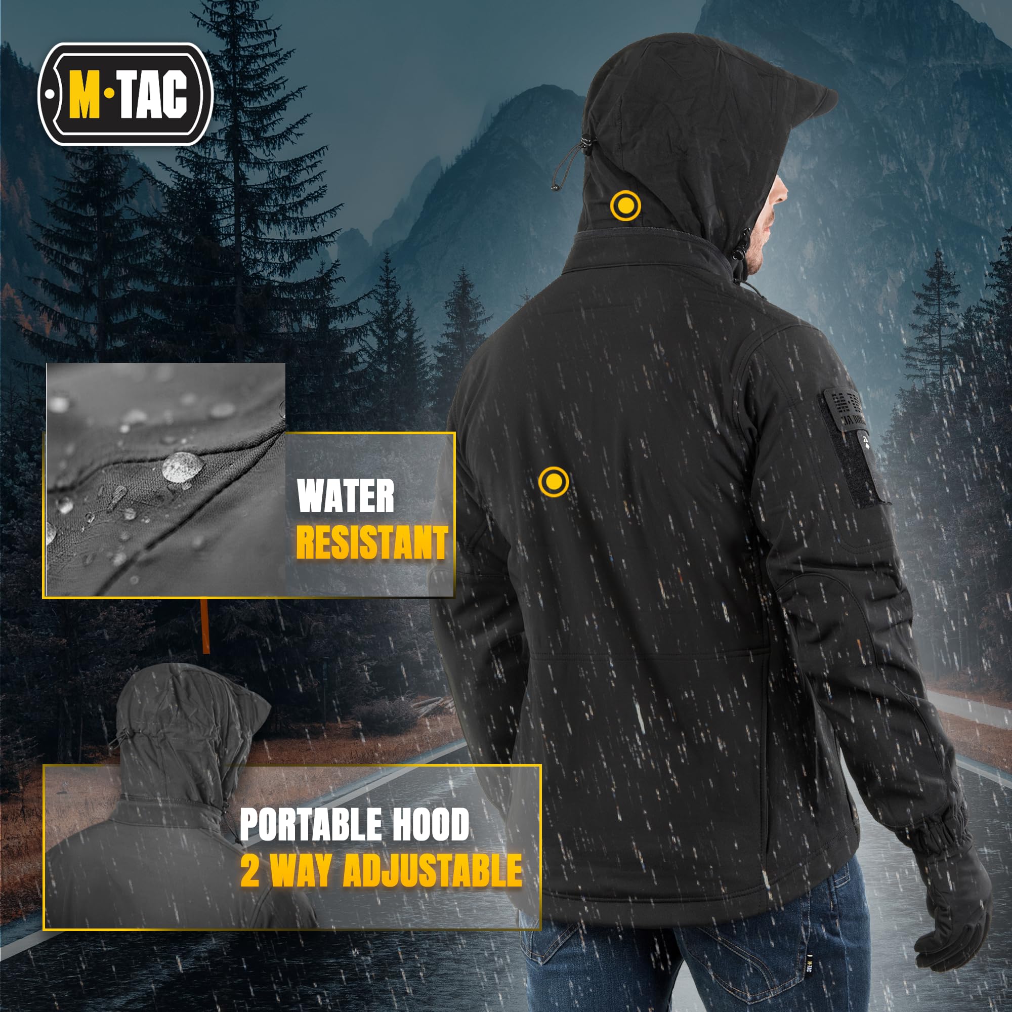 M-Tac Taktische Jacke mit Kapuze, Fleece-gefüttert, wasserabweisende Softshell-Jacke für Herren