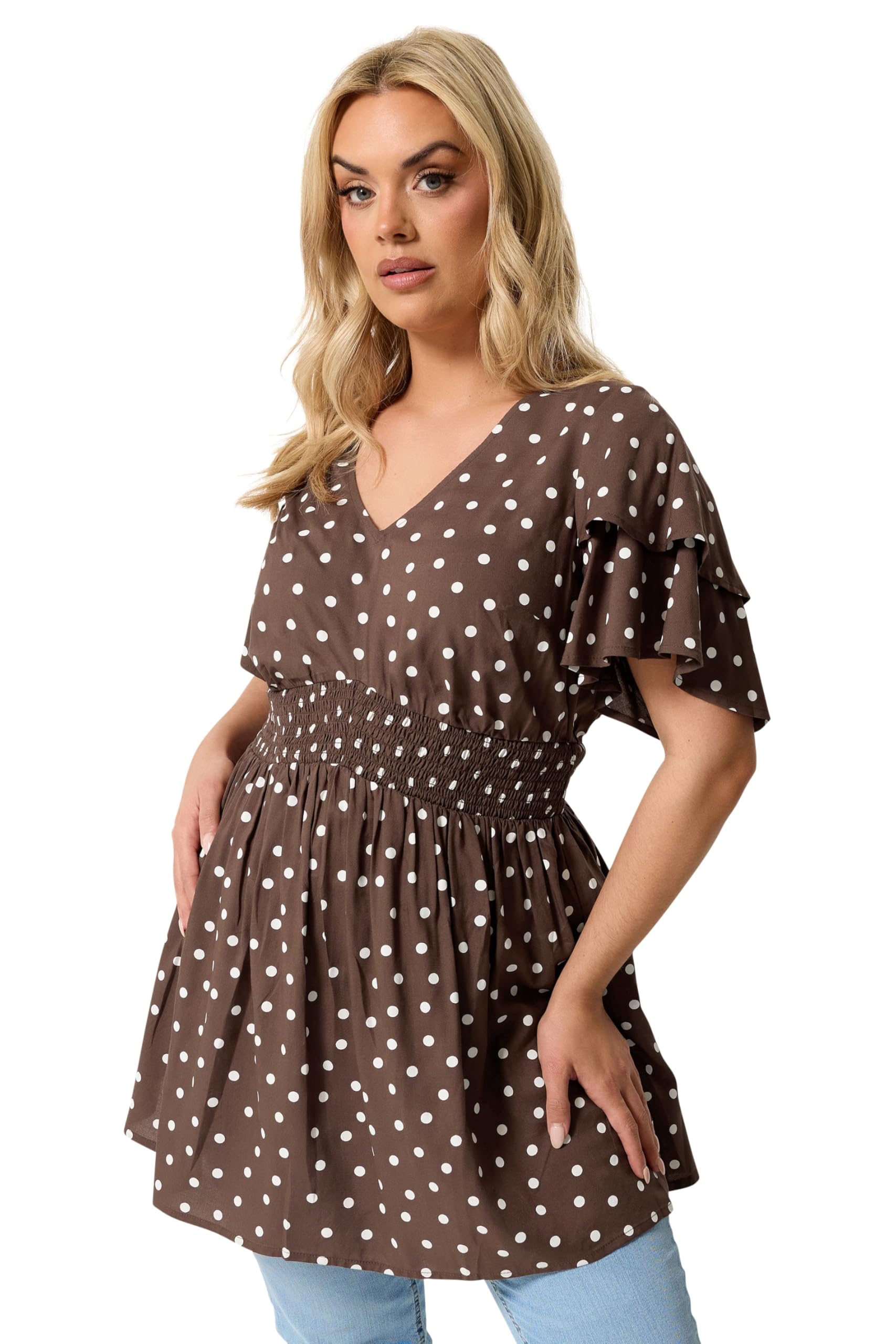 Yours Curve Brown Polka Dot Flutter Sleeve Top - Women's - Plus Size Curve