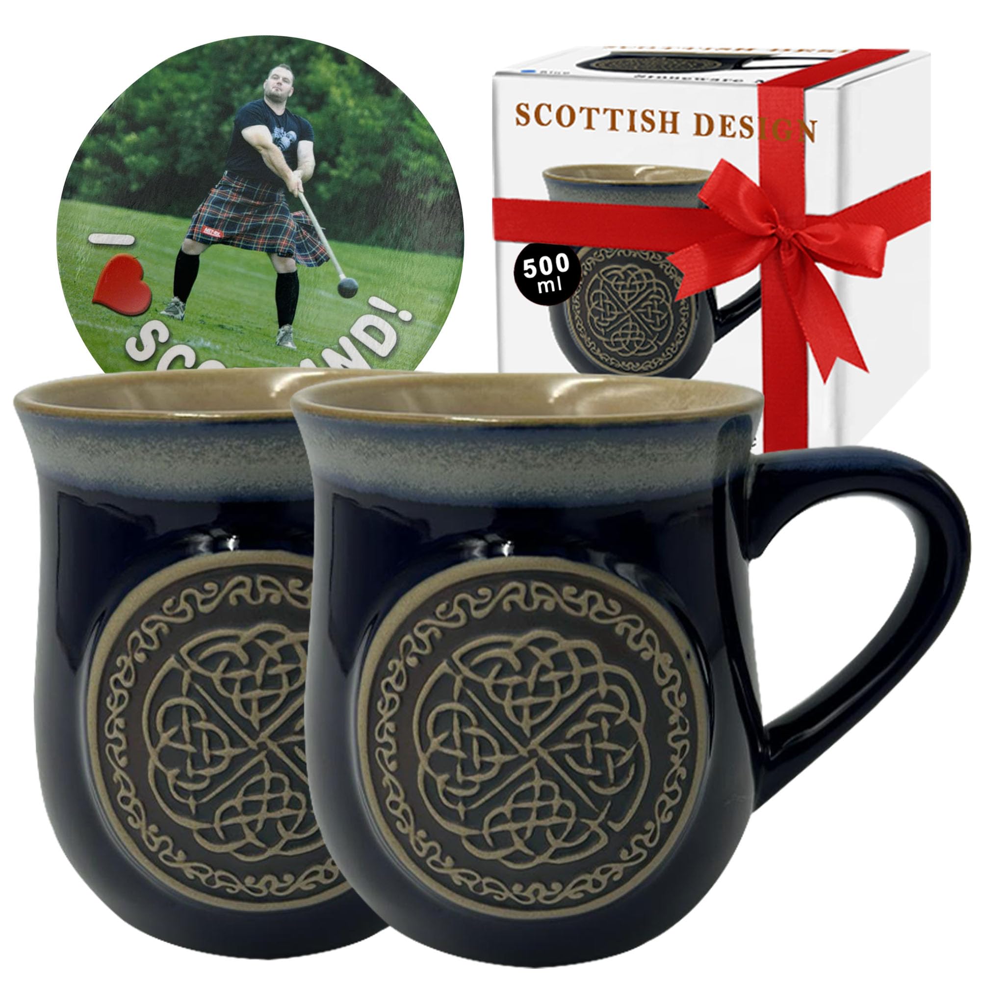 Glen Appin 2 x 500ml Stoneware Piping hot Coffee Mug Coasters Set - Celtic Circle Embossed Cups, Complementary Scotland Theme Coasters for Coffee Tea Hot Chocolate - Scottish Heritage Gift Box (Blue)
