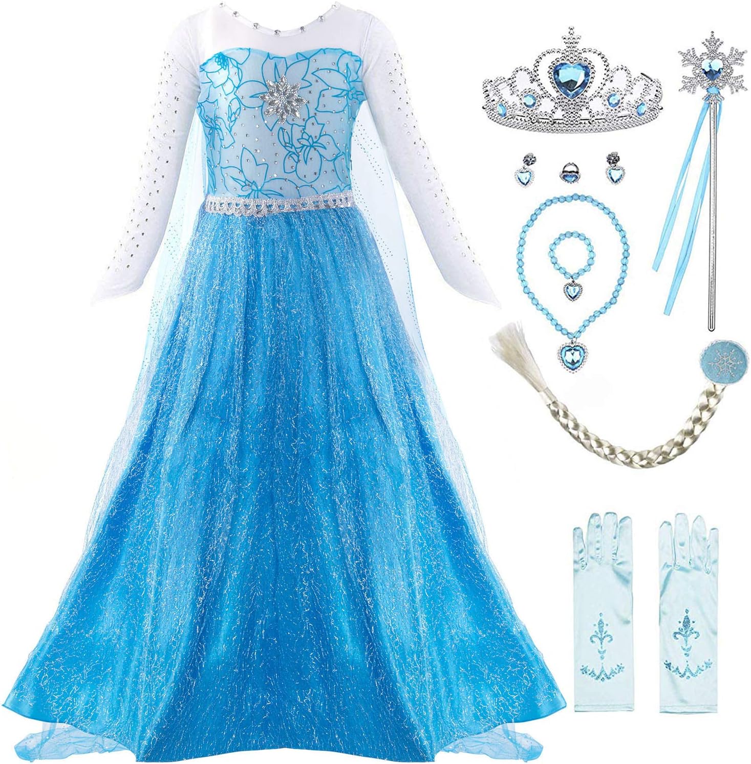 KABETY Girls Princess Anna Dress Snow Queen Elsa Costume Party Dress (8 Years, Blue with Accessories)