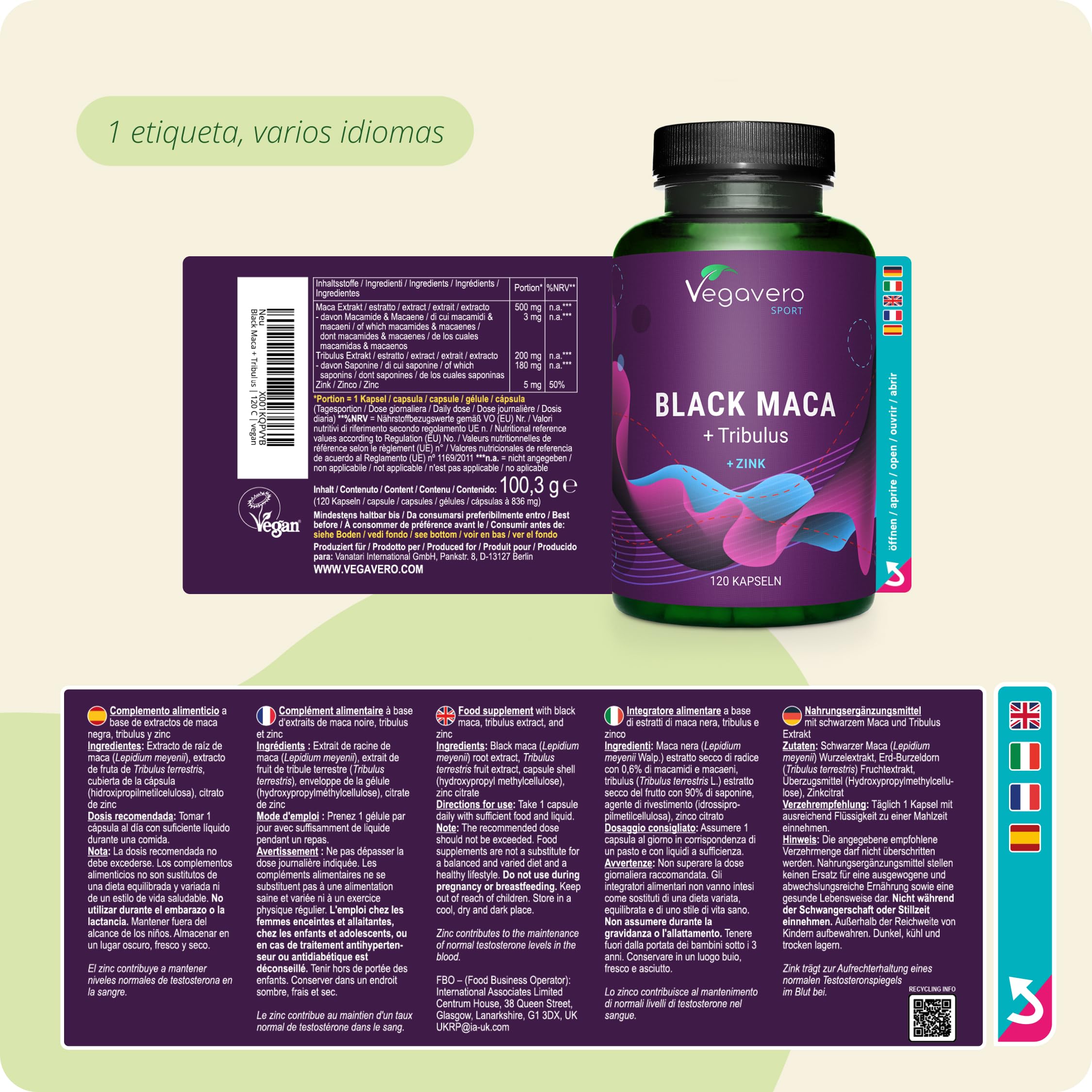 Maca Negra + Tribulus Terrestris + Zinc | PARA 4 MESES | Dosis Más Alta | VIGORIZANTE | Fuerza + Energía + Resistencia | Vegano & Sin Aditivos | Vegavero