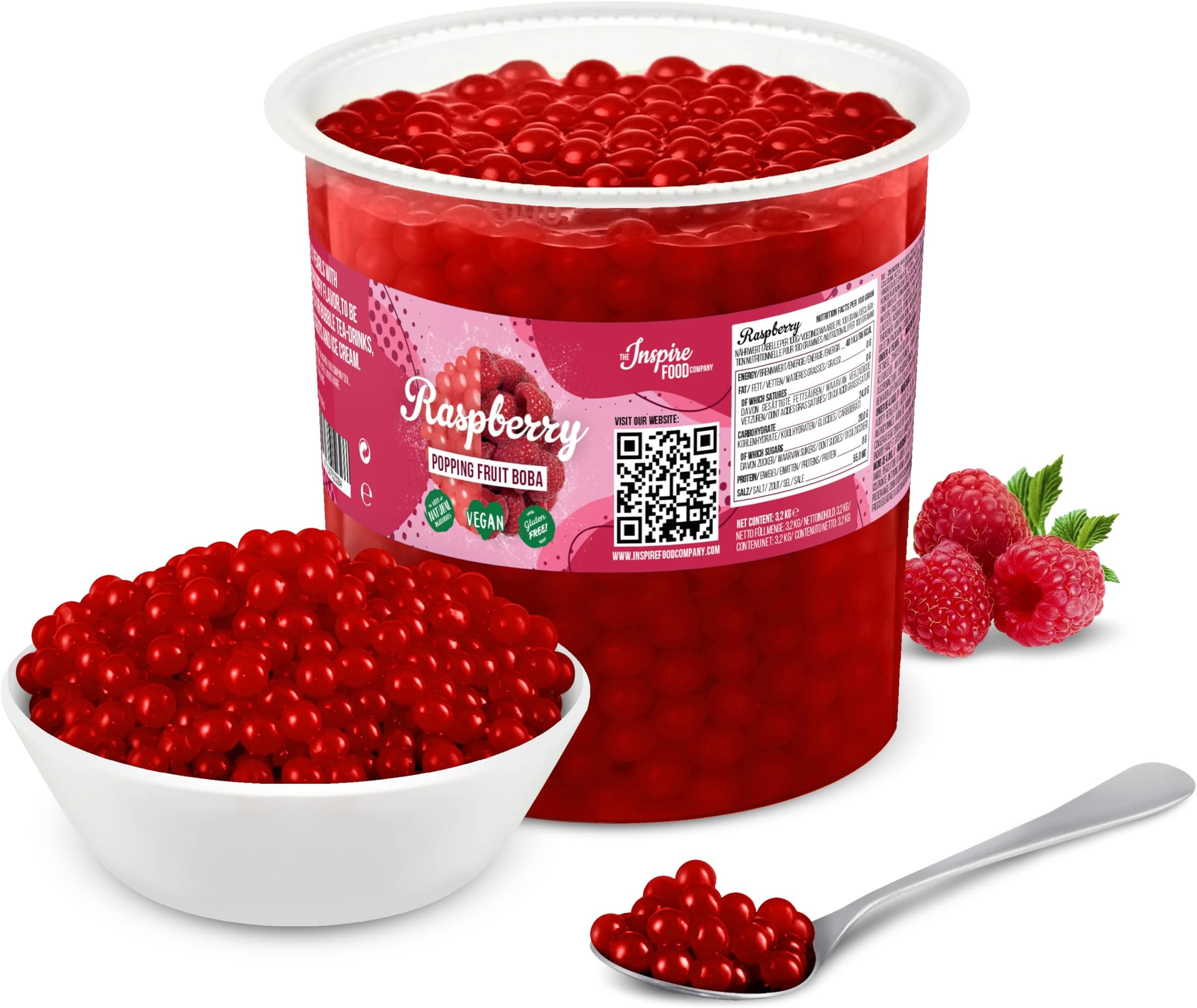 The Inspire Food Company Popping Boba Pearls for Bubble Tea - 3.2KG | Raspberry | Bursting Pearls Bubble | Real Fruit Juice For Shakes, Dessert,Smoothie | 100% Vegan & Glutenfree, No Artificial Colors