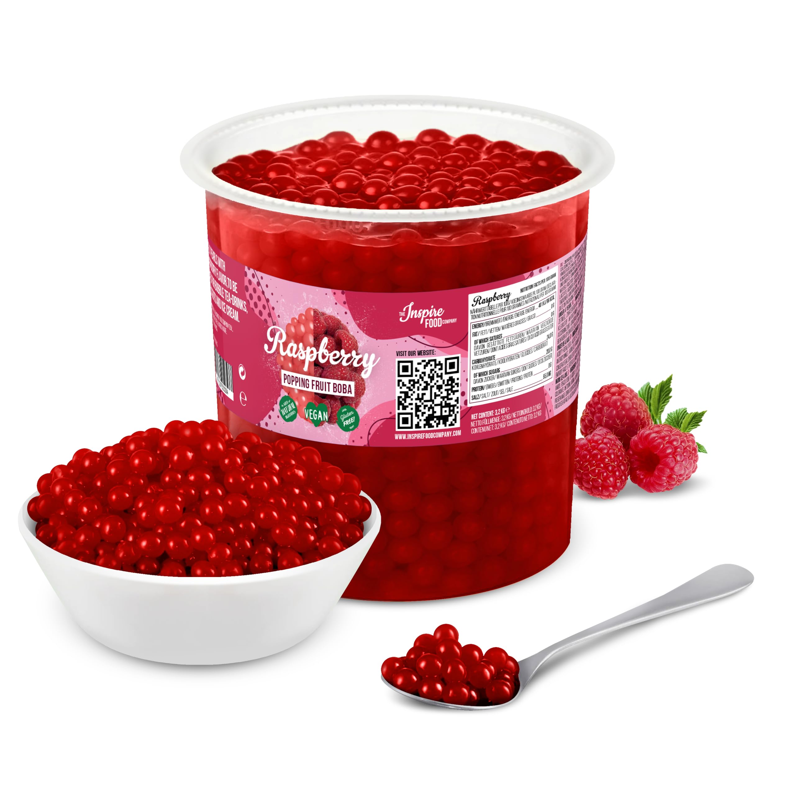 The Inspire Food Company Popping Boba Pearls for Bubble Tea - 3.2KG | Raspberry | Bursting Pearls Bubble | Real Fruit Juice For Shakes, Dessert,Smoothie | 100% Vegan & Glutenfree, No Artificial Colors