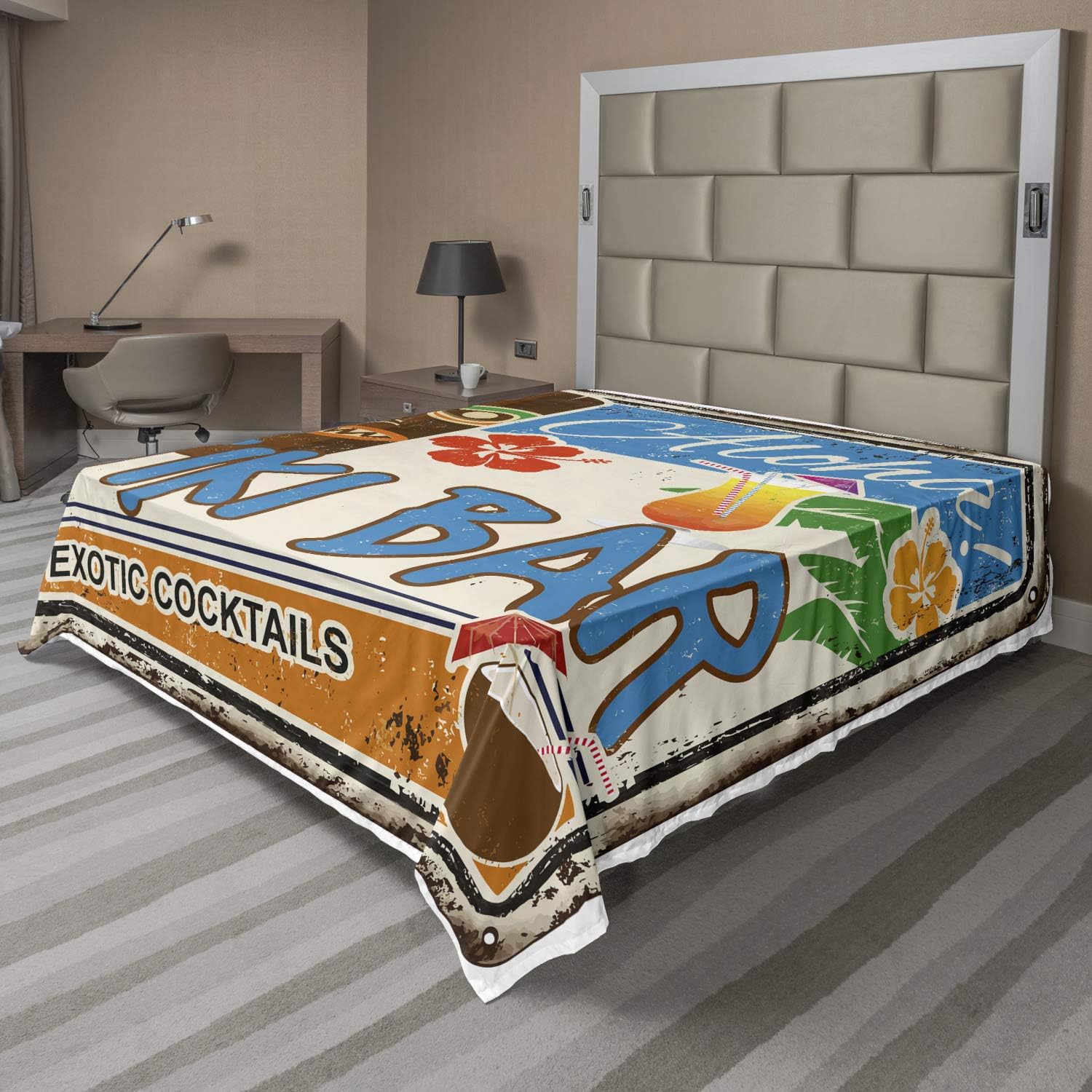 Ambesonne Tiki Bar Flat Sheet, Rusty Vintage Sign Aloha Exotic Cocktails and Coconut Drink Antique Nostalgic, Soft Comfortable Top Sheet Decorative Bedding 1 Piece, Queen Size, Multicolor