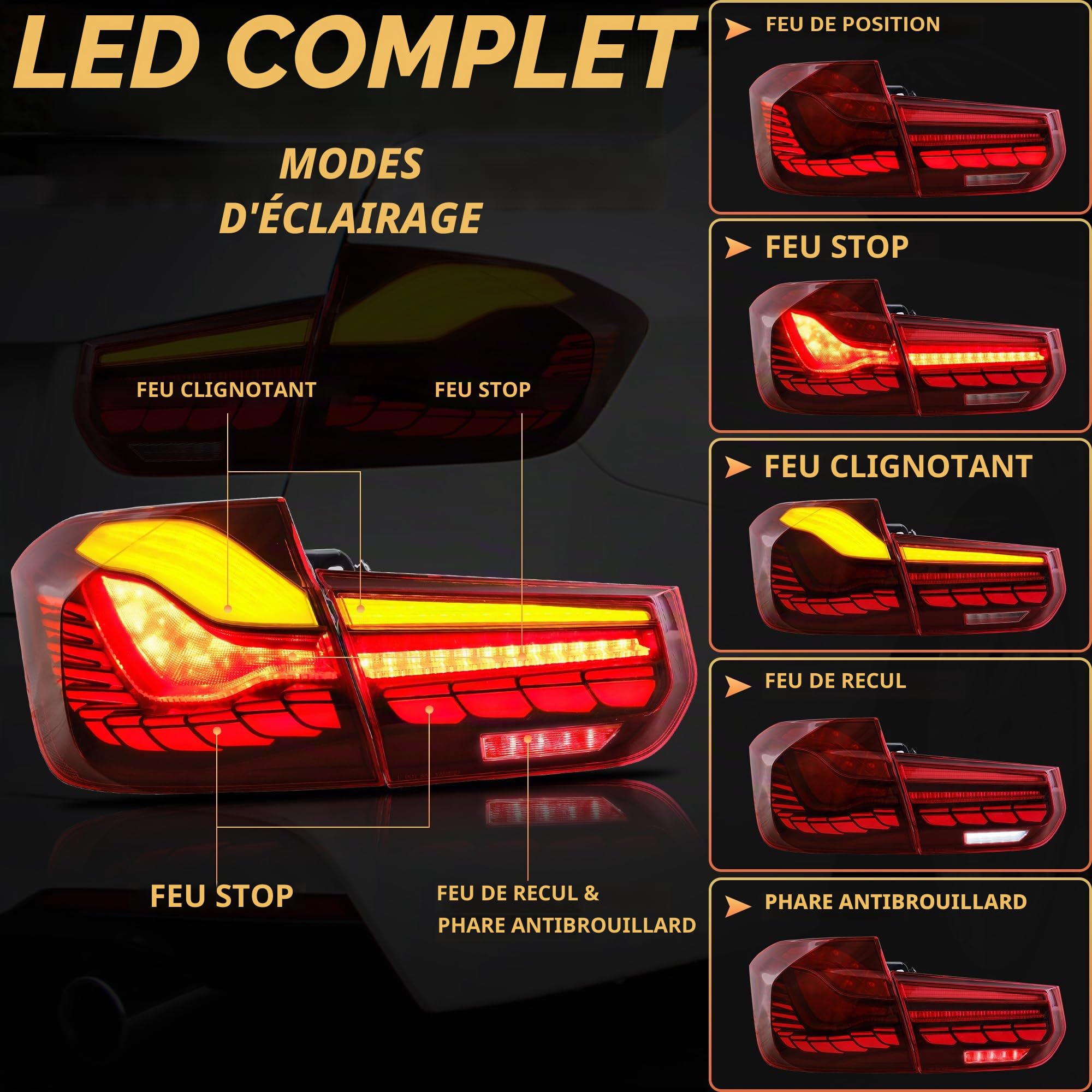 VLAND Feux Arrière OLED pour Série 3 F30 F80 M3 berline 2013-2018, avec affichage dynamique, côté conducteur et passager - Rouge