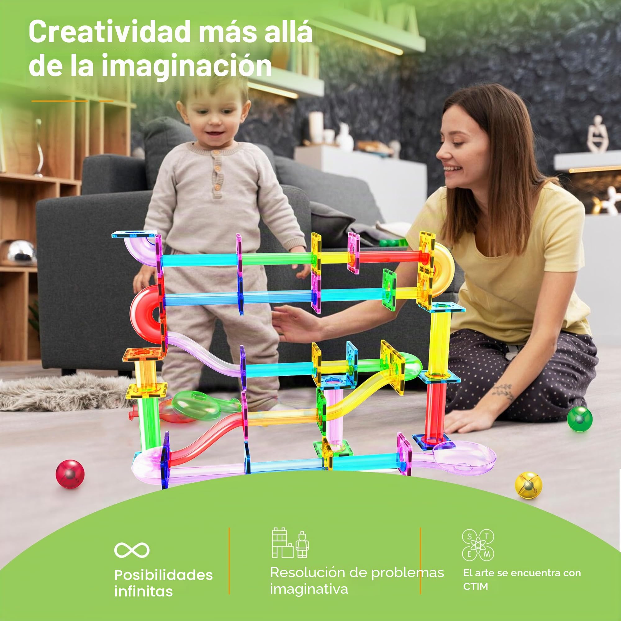 PicassoTiles Marble Run - Bloques de construcción magnéticos de 120 piezas, juego de construcción de azulejos magnéticos, juego de aprendizaje STEM, bloque educativo para el desarrollo del cerebro