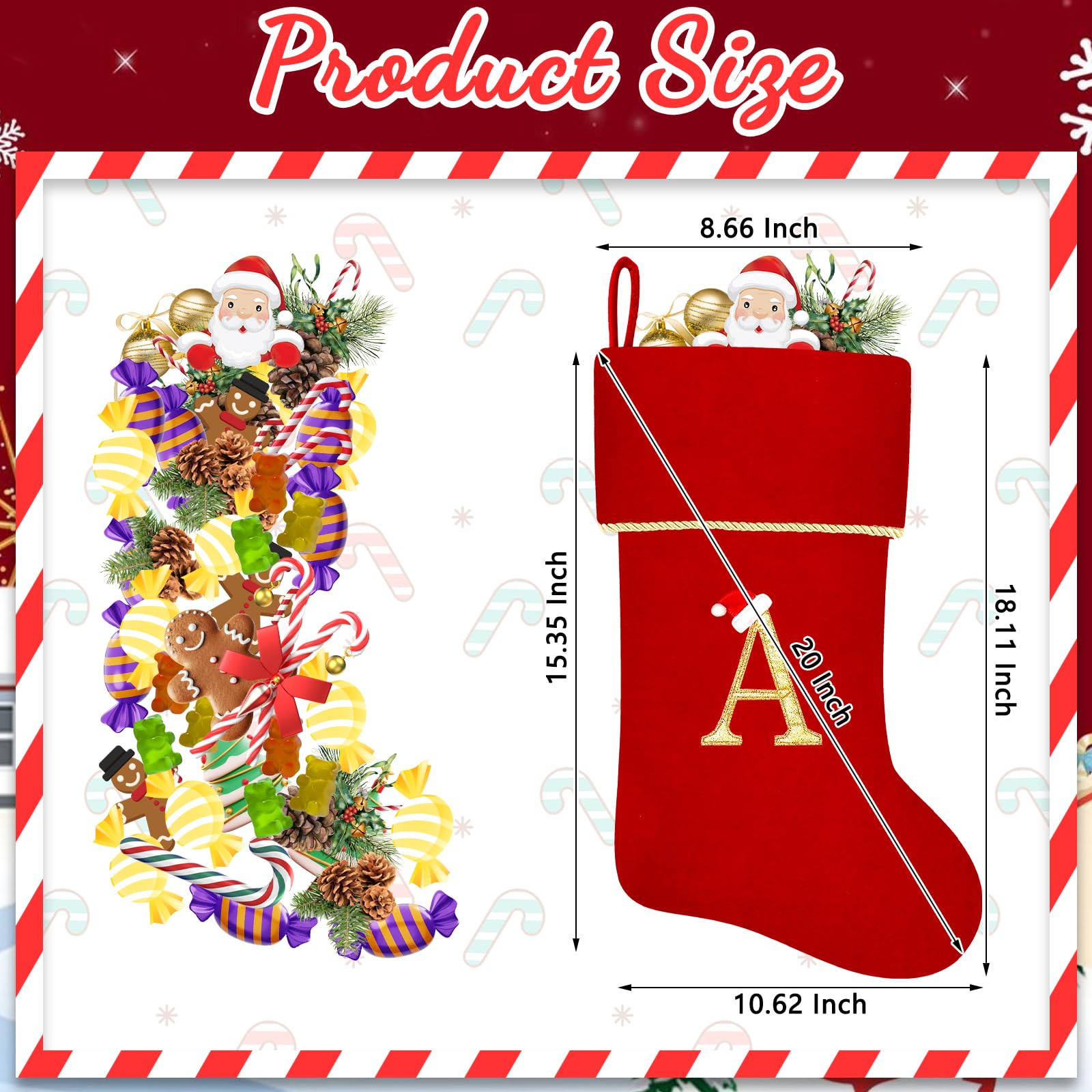 Subyan 20 Inches Initial Monogram Red Christmas Stocking, Personalized Large Embroidered Letter Velvet Christmas Stocking with Gold Trim Decoration for Family Christmas Holiday Party Decor(Letter A)