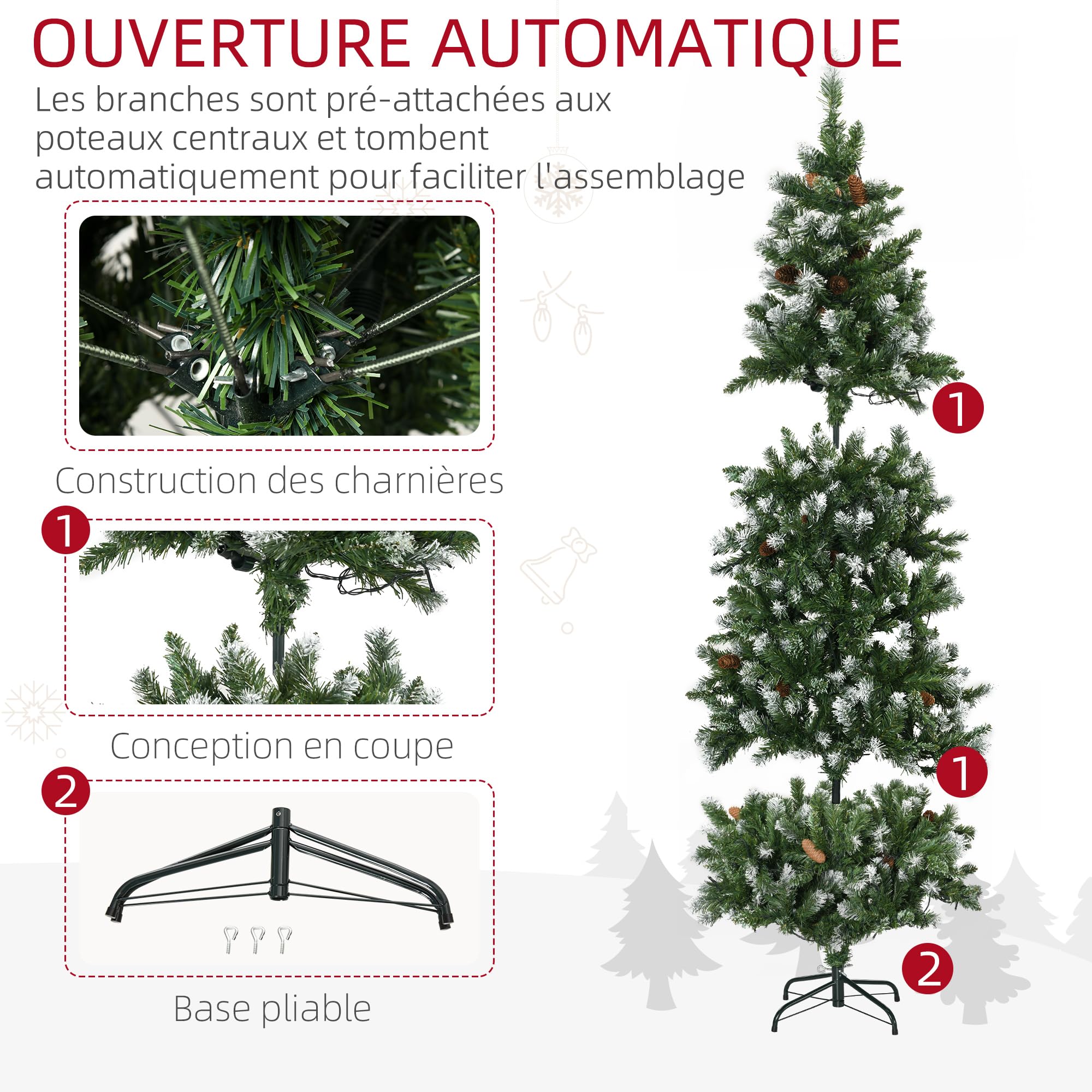 HOMCOM Sapin De Noël Artificiel Lumineux 180 cm 703 Branches 250 LED Vert | 30 Pommes De Pin, Support Pied Pliable, Ø 80