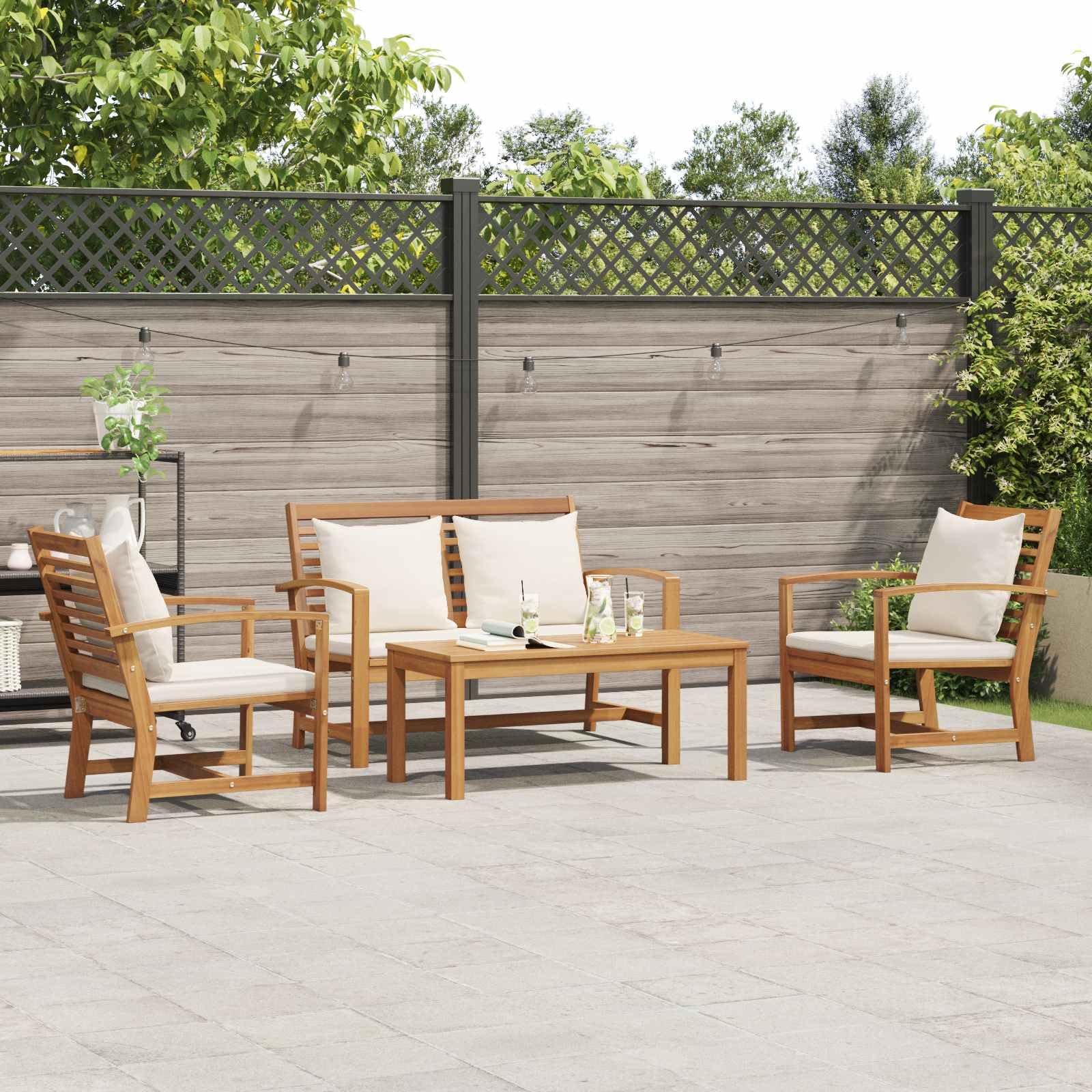Ensemble de Jardin 5 Pièces en Bois de Teck Massif, Salon de Jardin Naturel avec 4 Fauteuils et 1 Table Basse pour Terrasse et Balcon, Design Moderne et Confortable
