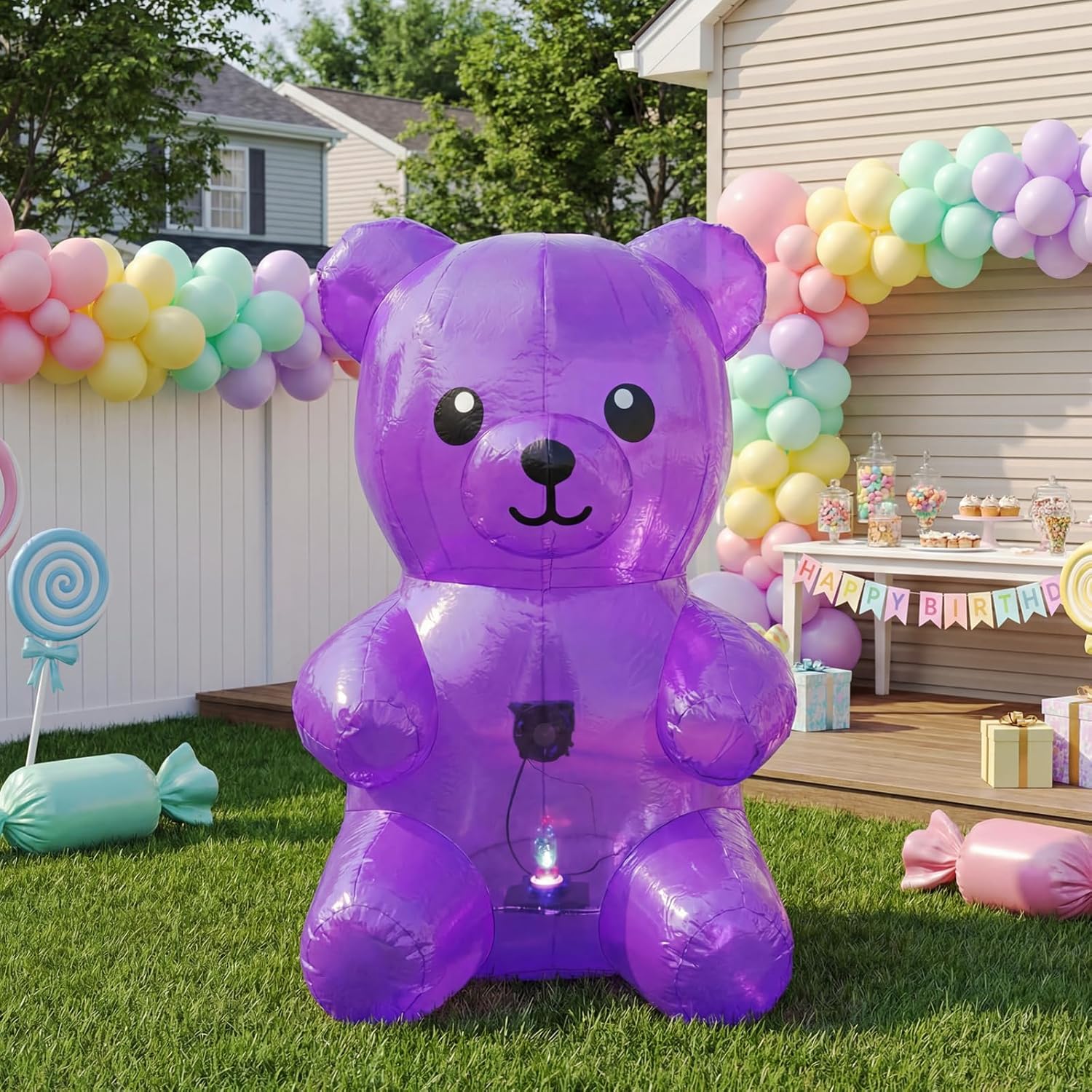 5FT Giant Inflatable Gummy Bear Decoration Purple Candy Theme Blow Up Yard Decor for Birthday Parties Candyland Party & Event Lawn Decoration
