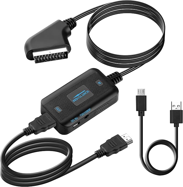Scart to HDMI Converter with HDMI and Scart Cable,KUYiA Scart to HDMI Switch Video Audio Upscale Adapter,SCART In HDMI Out Adaptor Cable for HDTV Monitor Projector STB VHS Xbox PS3