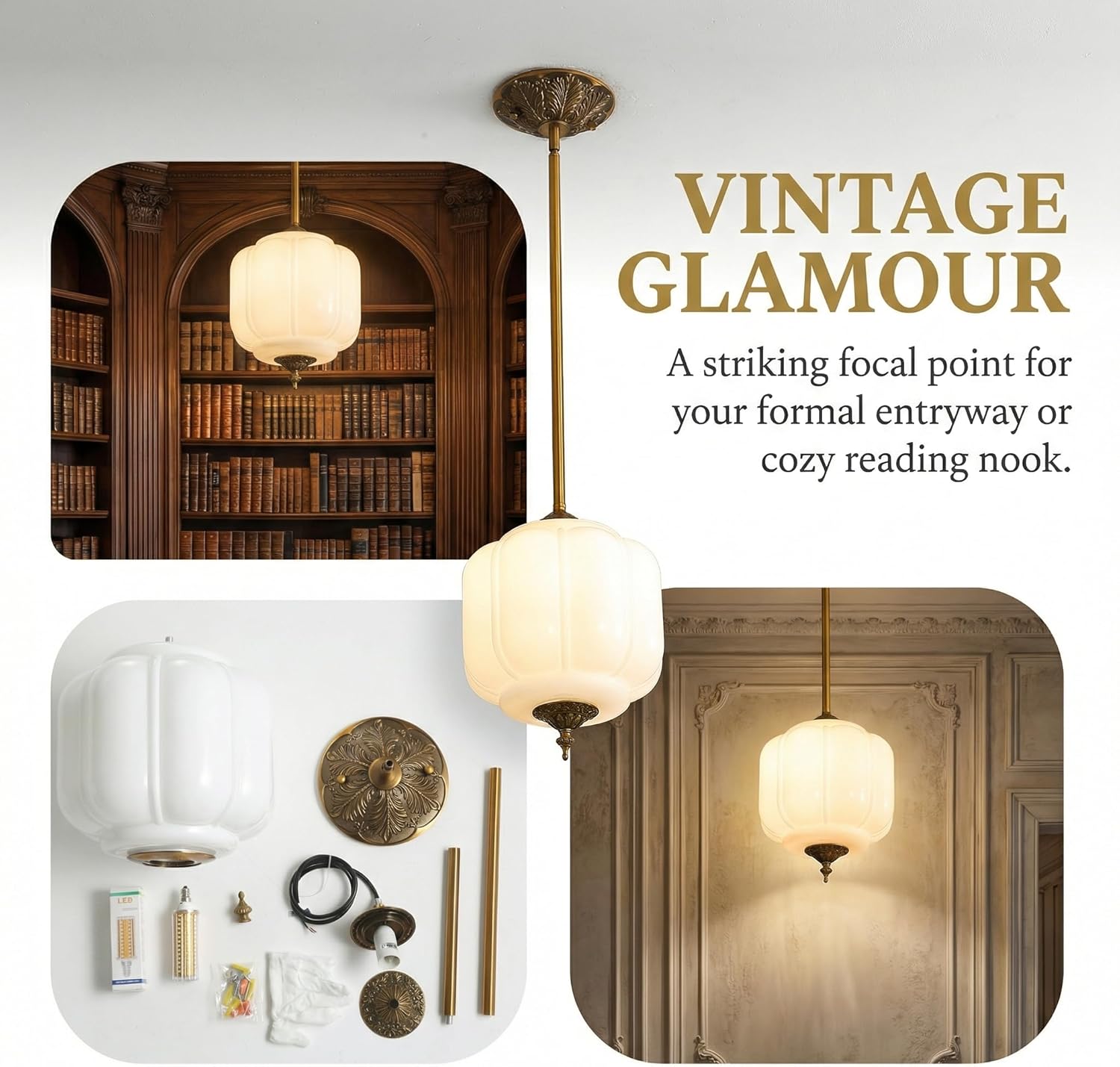 Antique Brass Milk Glass Ceiling Light Fixture-9.1in Vintage Semi Flush Mount Pendant Light with an LED Bulb included, 3 Color Options Mid-Century Art Deco Chandelier for Kicthen Dining Room Hallway