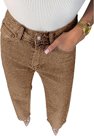 Womens Straight Leg Rhinestone Boyfried Denim Pants, Sparkly Bling Glitter Jeans