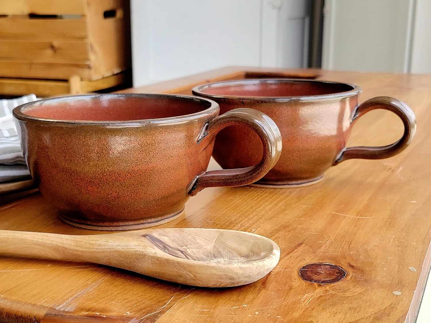 Farmhouse Style Soup Bowls with Handles Set of 2 Deep Large - Hanging Kitchen Chowder Mugs - Handmade Pottery Decor (Rust)