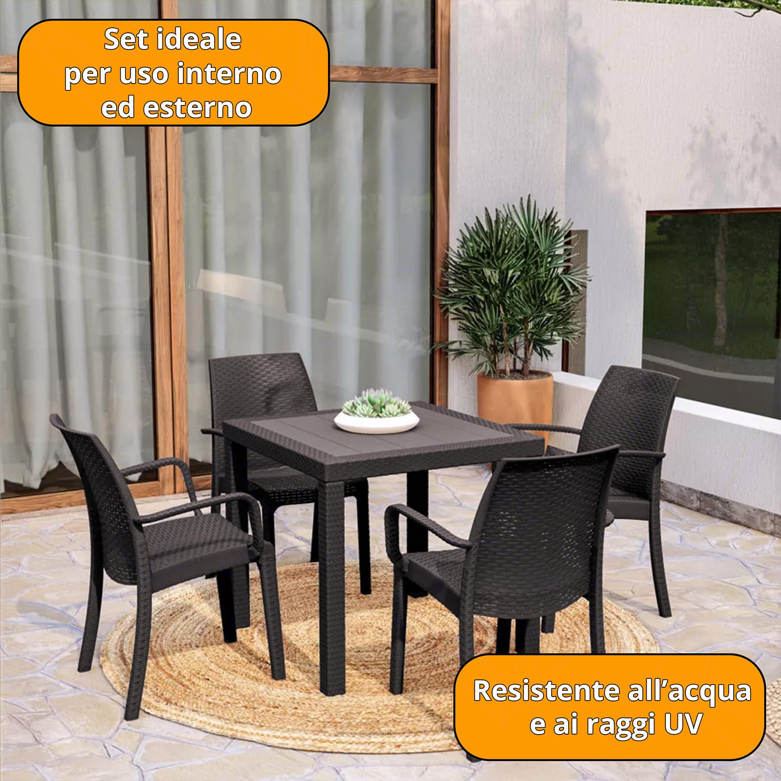 Sicignano Chaise Avec Accoudoirs Anthracite En Rotin Plastique – Empilable, Anti-UV, 59x57x86 Cm, Idéale Intérieur/Extérieur Jardin Terrasse Bar