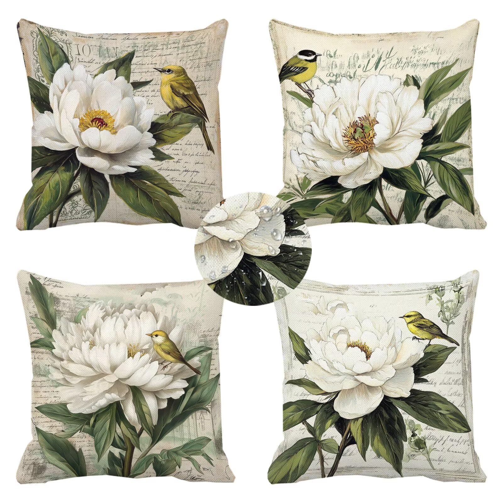 Housse de coussin extérieur imperméable 35x35 lin motif fleur déco jardin lit